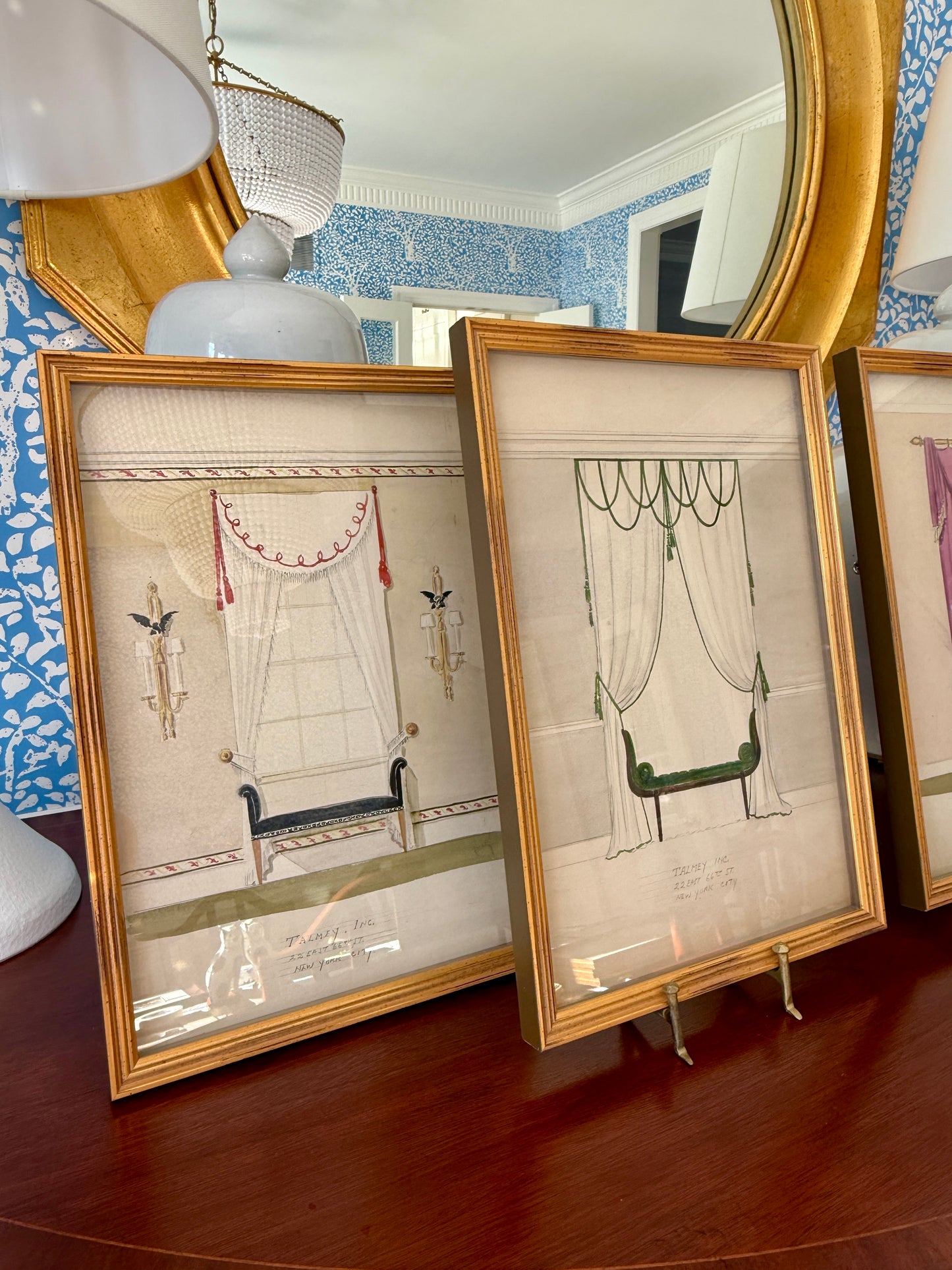 Set of Four Early 20th Century Interior Room Designs Watercolor Paintings in Gold Frames