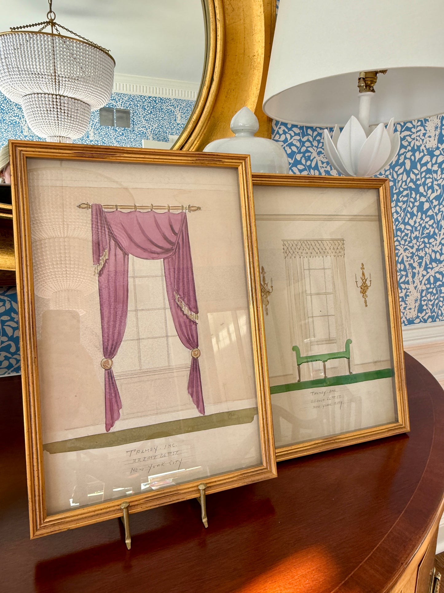 Set of Four Early 20th Century Interior Room Designs Watercolor Paintings in Gold Frames