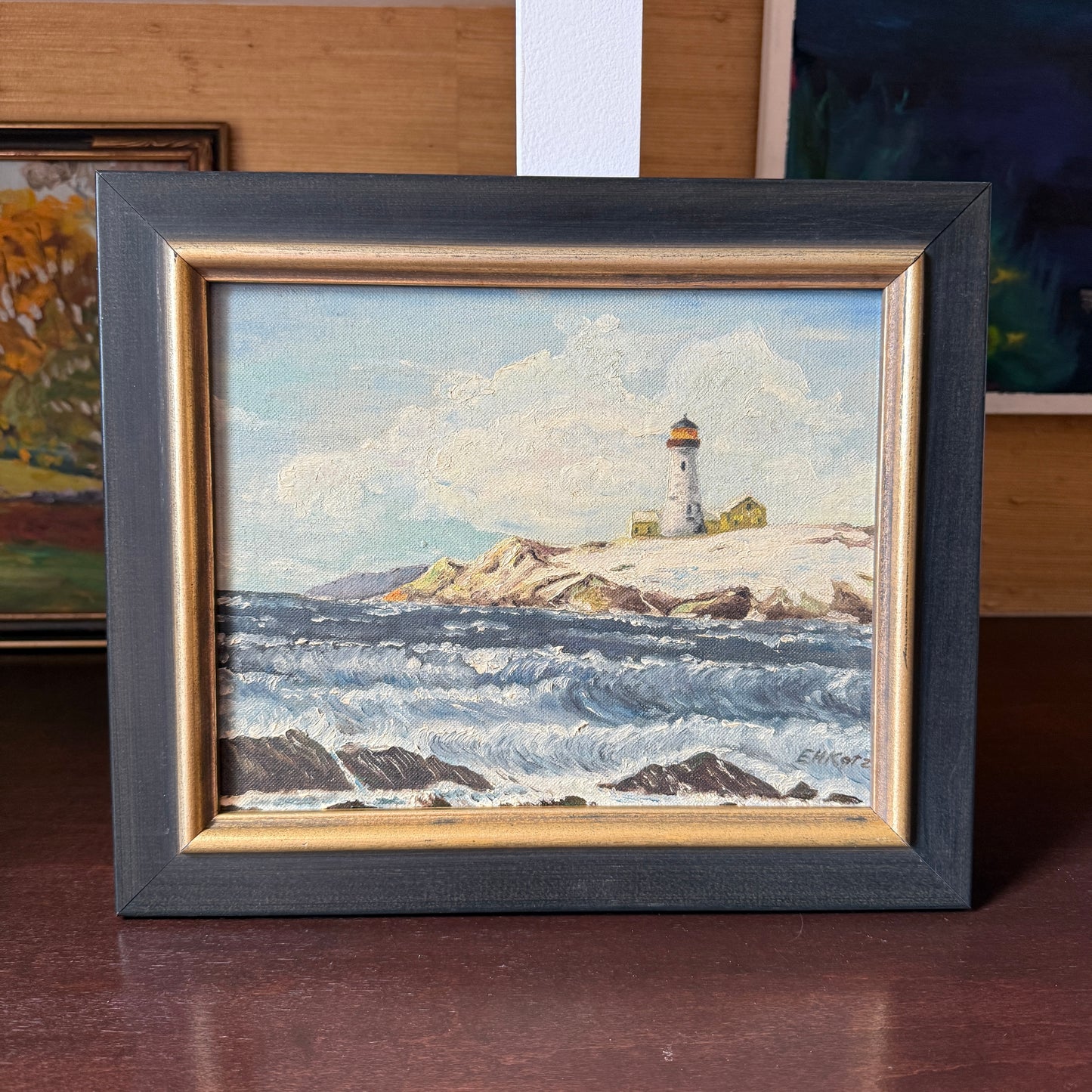 Vintage Rocky New England Coastal Lighthouse Landscape Oil Painting in Black and Gold Frame