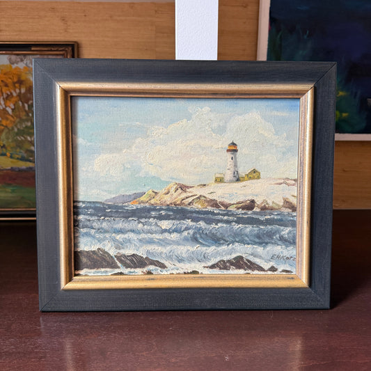 Vintage Rocky New England Coastal Lighthouse Landscape Oil Painting in Black and Gold Frame