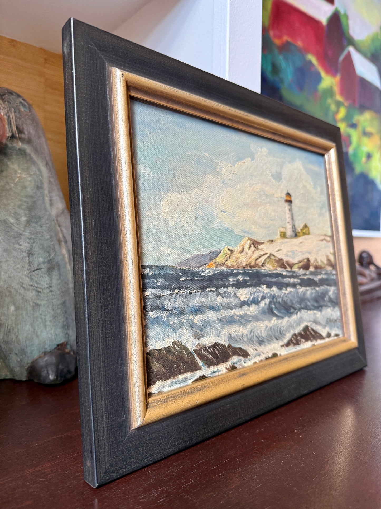 Vintage Rocky New England Coastal Lighthouse Landscape Oil Painting in Black and Gold Frame