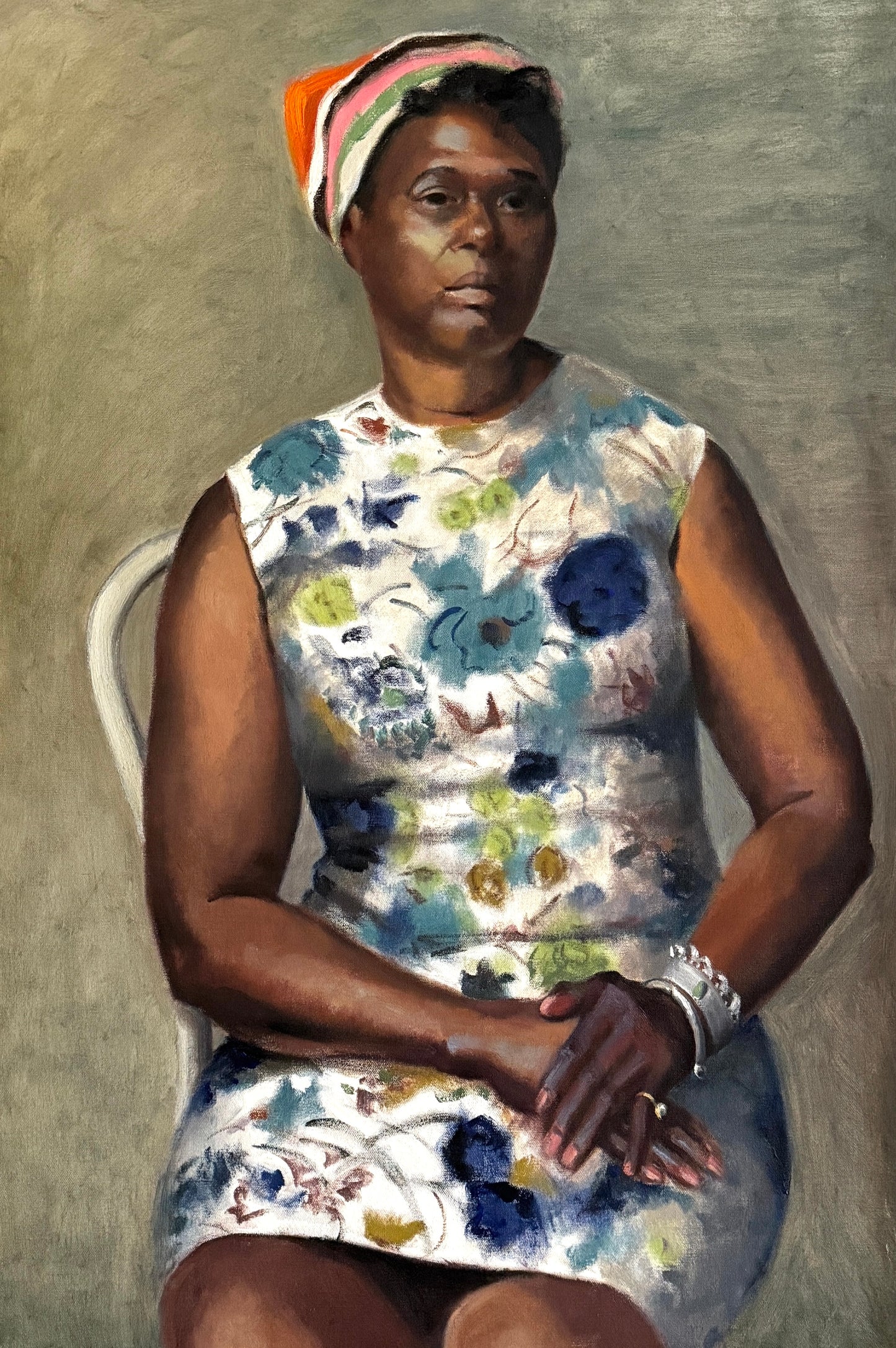 Mid Century Vintage African American Lady Portrait Oil Painting Attr. to George Dangman in Gold Frame