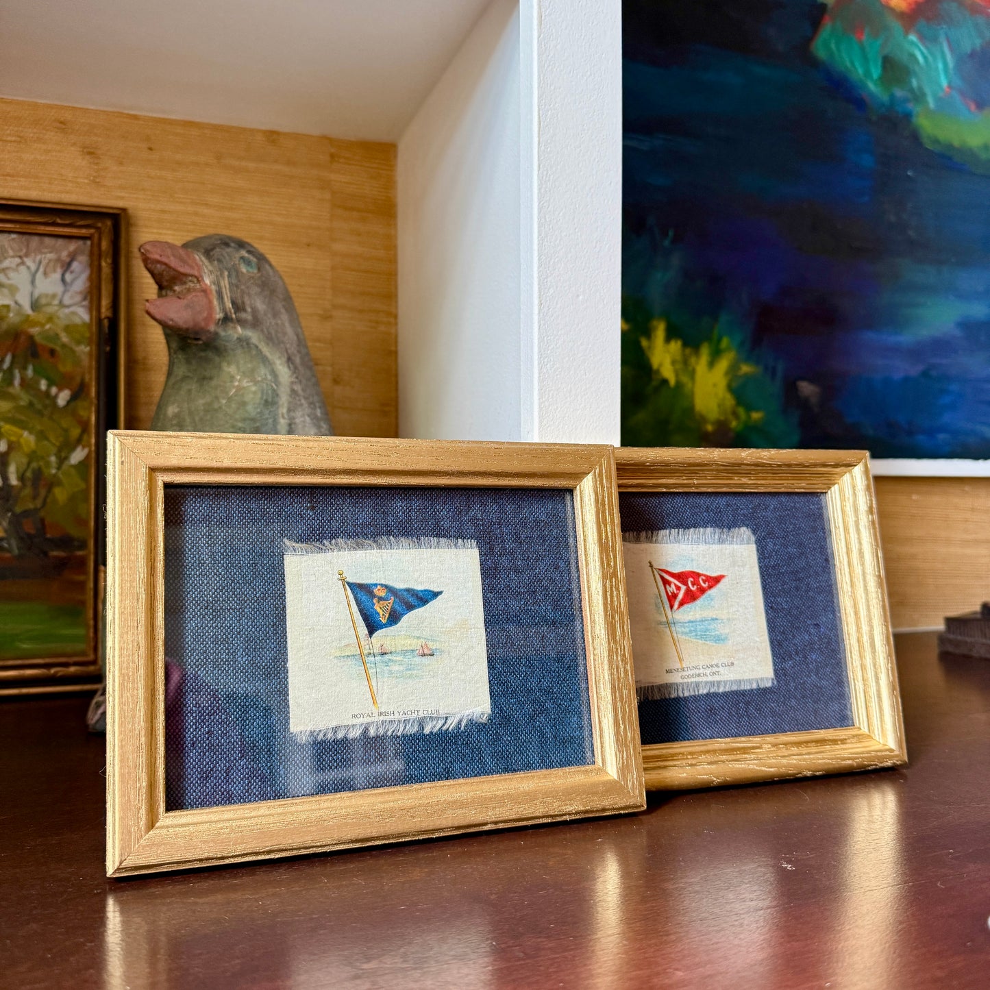 Set of 2 Antique Yacht Boating Club Silks on Navy Linen in Gold Frames