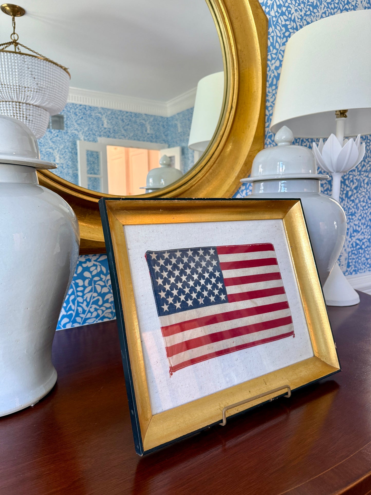 Vintage 50 Star American Parade Flag on Duck Cloth Fabric in Gold and Black Frame