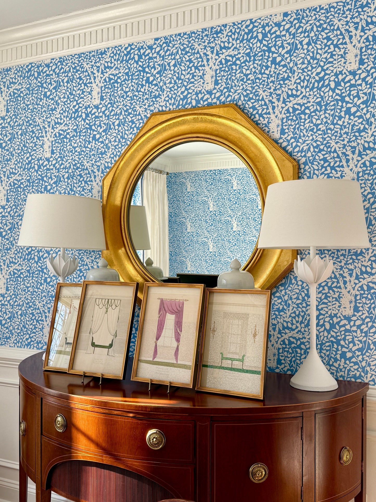 Set of Four Early 20th Century Interior Room Designs Watercolor Paintings in Gold Frames