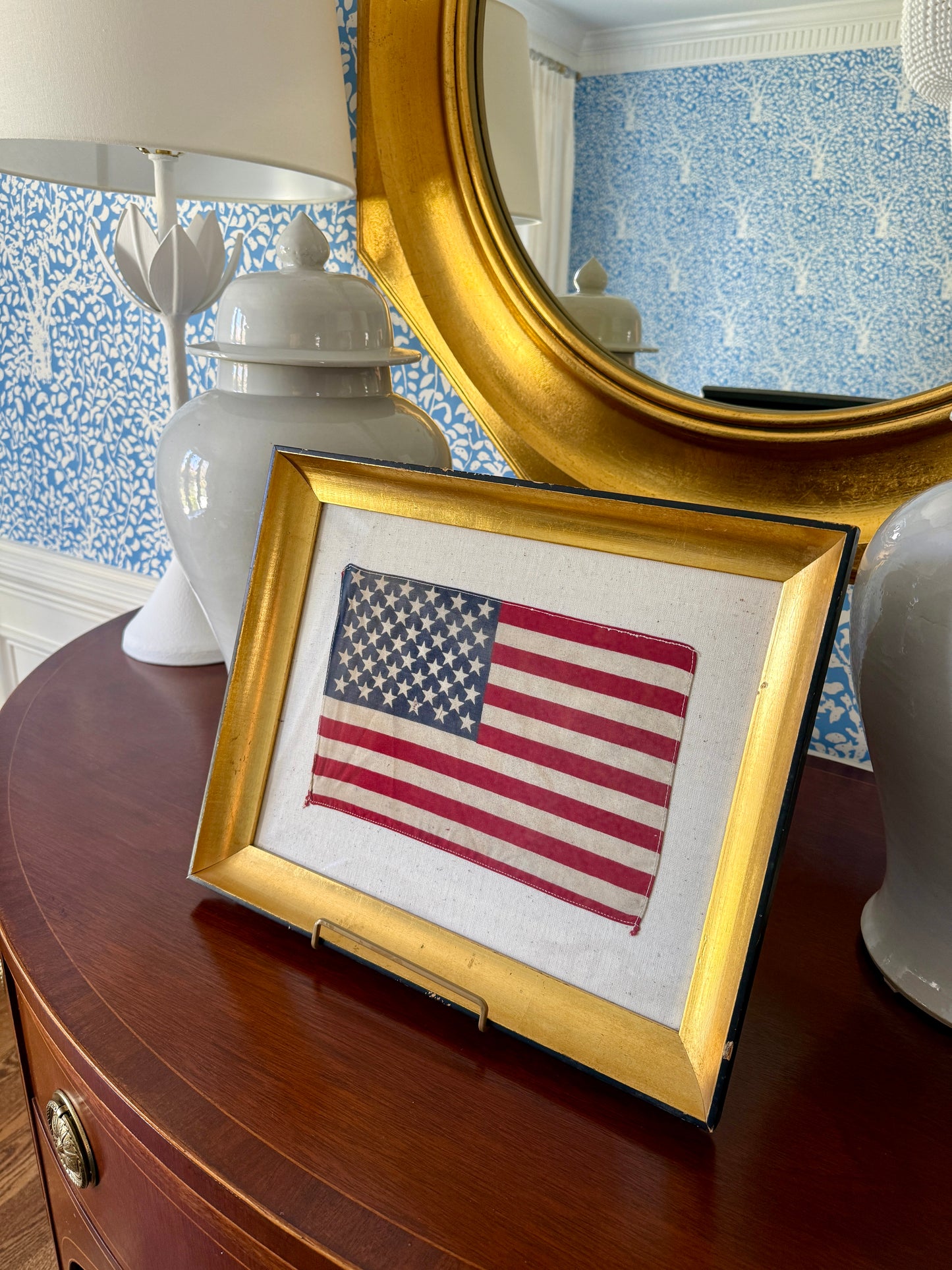 Vintage 50 Star American Parade Flag on Duck Cloth Fabric in Gold and Black Frame