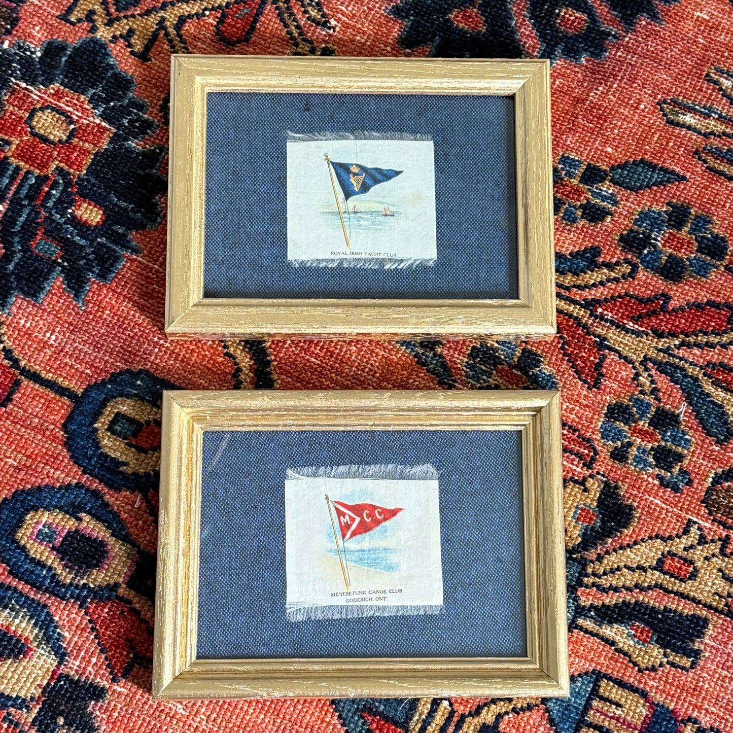 Set of 2 Antique Yacht Boating Club Silks on Navy Linen in Gold Frames