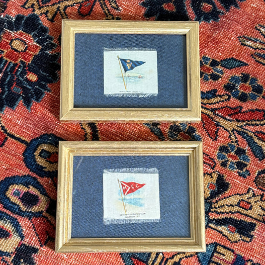 Set of 2 Antique Yacht Boating Club Silks on Navy Linen in Gold Frames