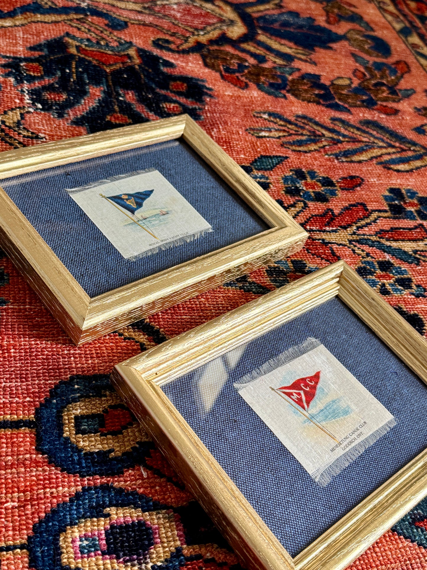 Set of 2 Antique Yacht Boating Club Silks on Navy Linen in Gold Frames