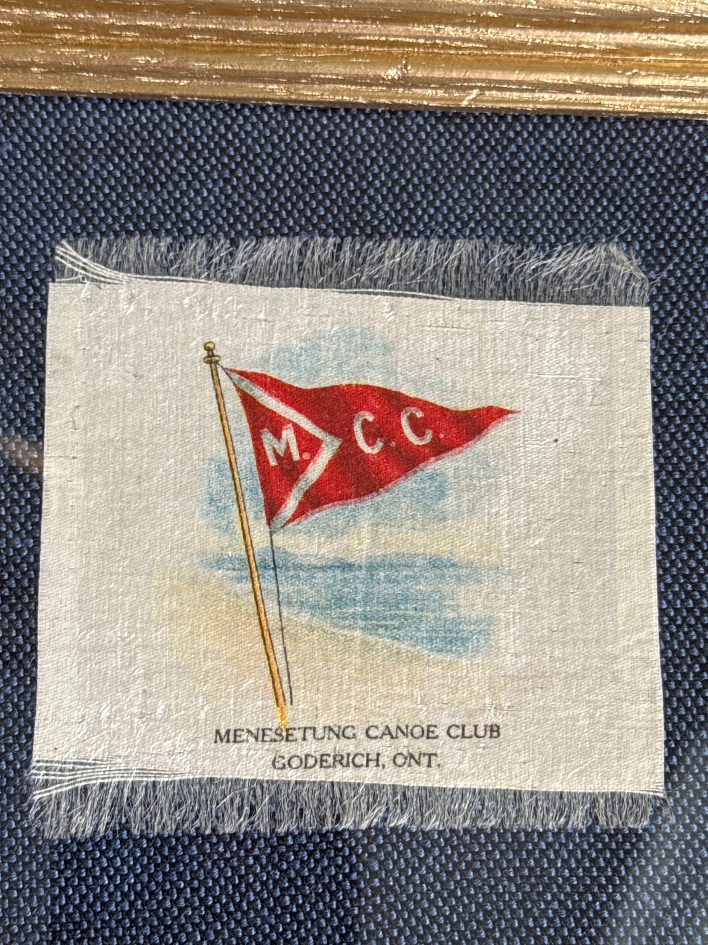 Set of 2 Antique Yacht Boating Club Silks on Navy Linen in Gold Frames