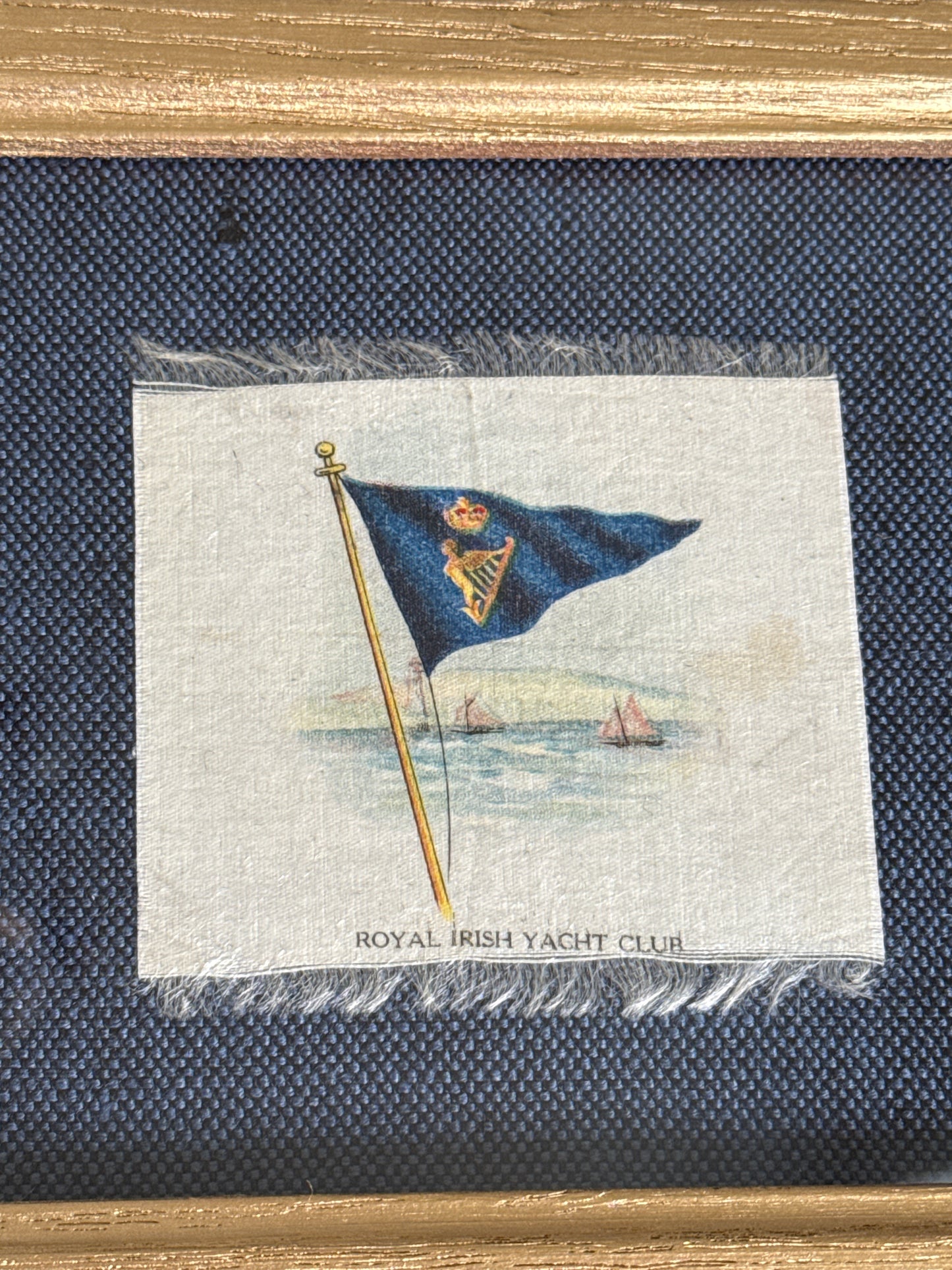 Set of 2 Antique Yacht Boating Club Silks on Navy Linen in Gold Frames