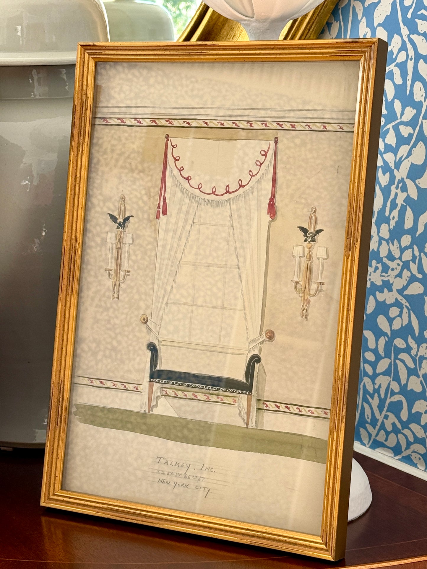 Set of Four Early 20th Century Interior Room Designs Watercolor Paintings in Gold Frames