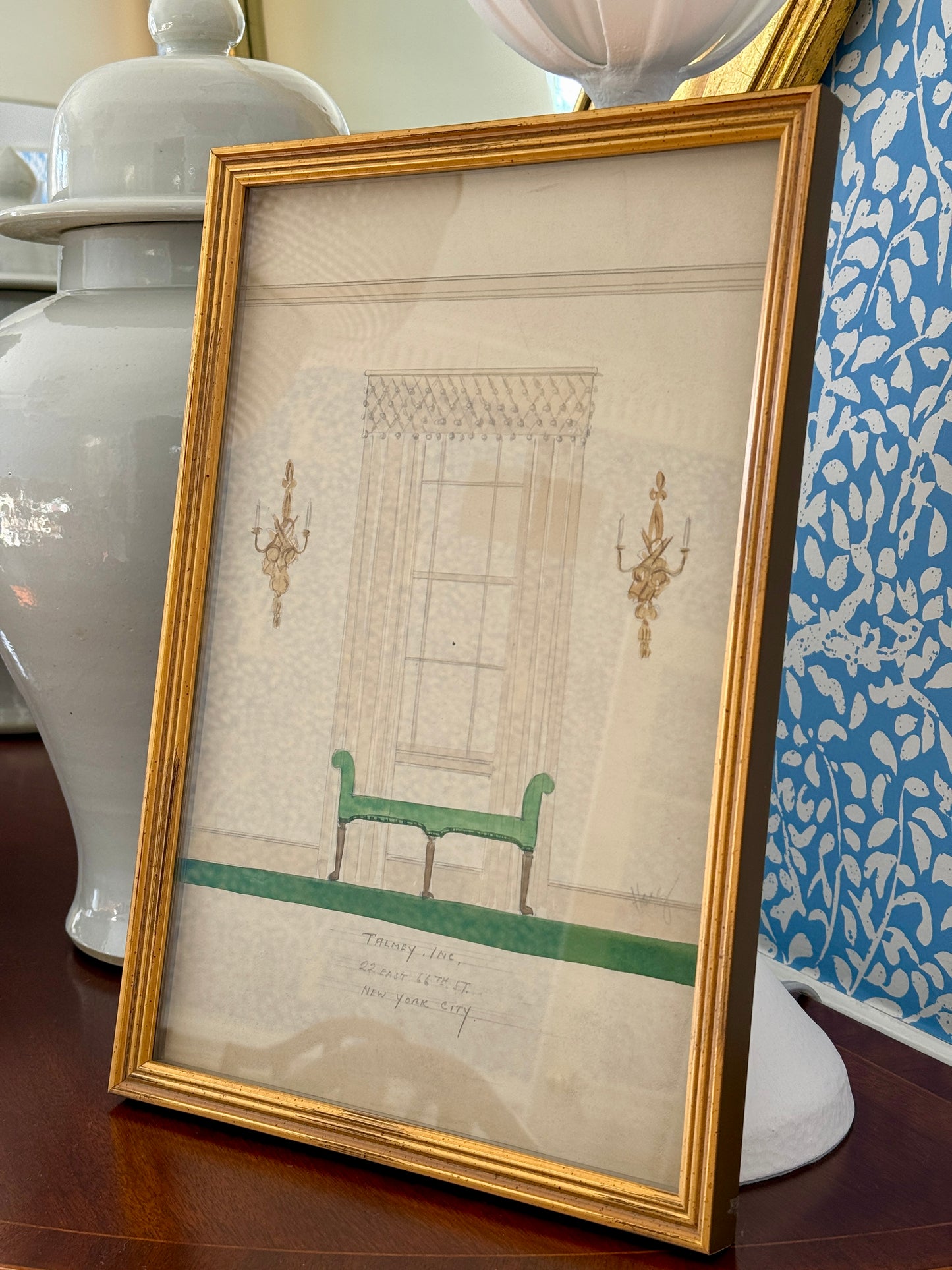 Set of Four Early 20th Century Interior Room Designs Watercolor Paintings in Gold Frames