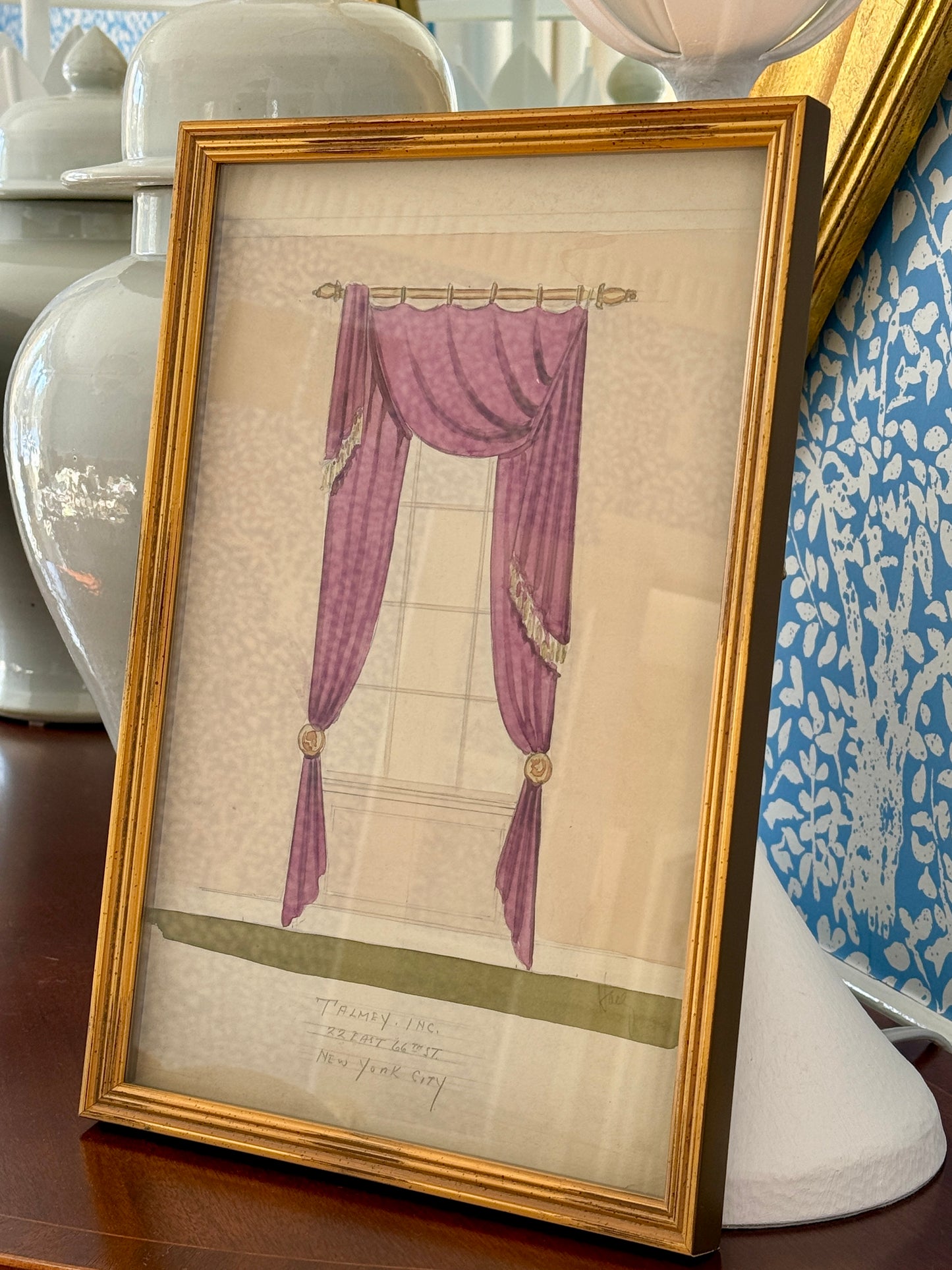 Set of Four Early 20th Century Interior Room Designs Watercolor Paintings in Gold Frames
