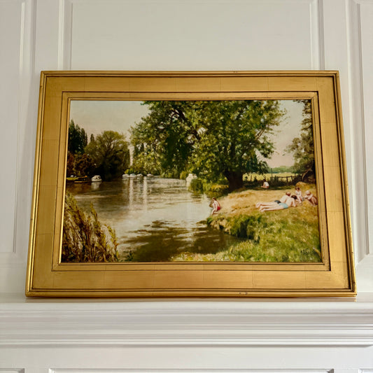 The Bathing Party Summer Swimmers Large Vintage Oil Painting in Gold Frame
