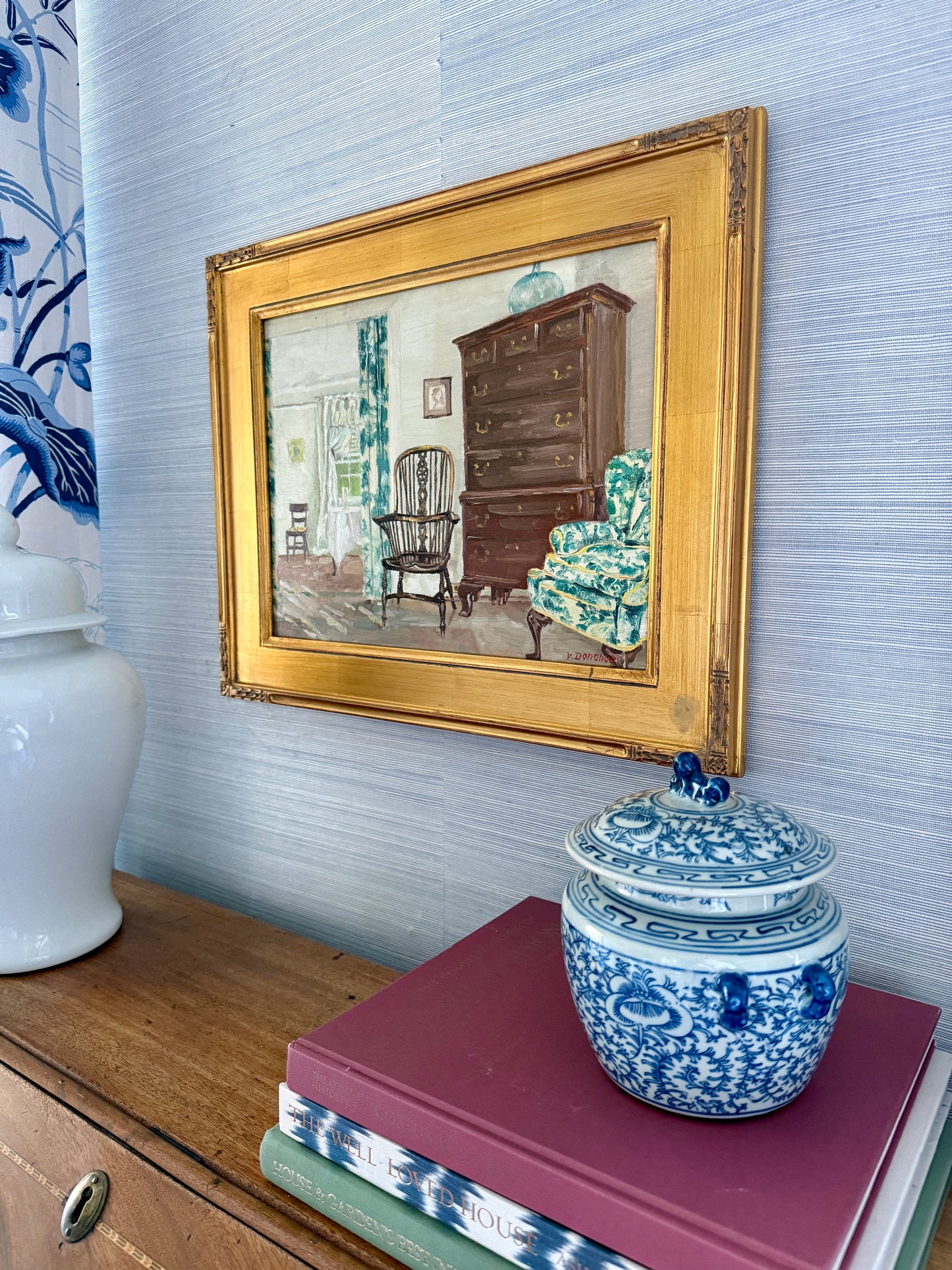 Victoria Donohue Antique Highboy Traditional Interior Scene Oil Painting in Gold Frame