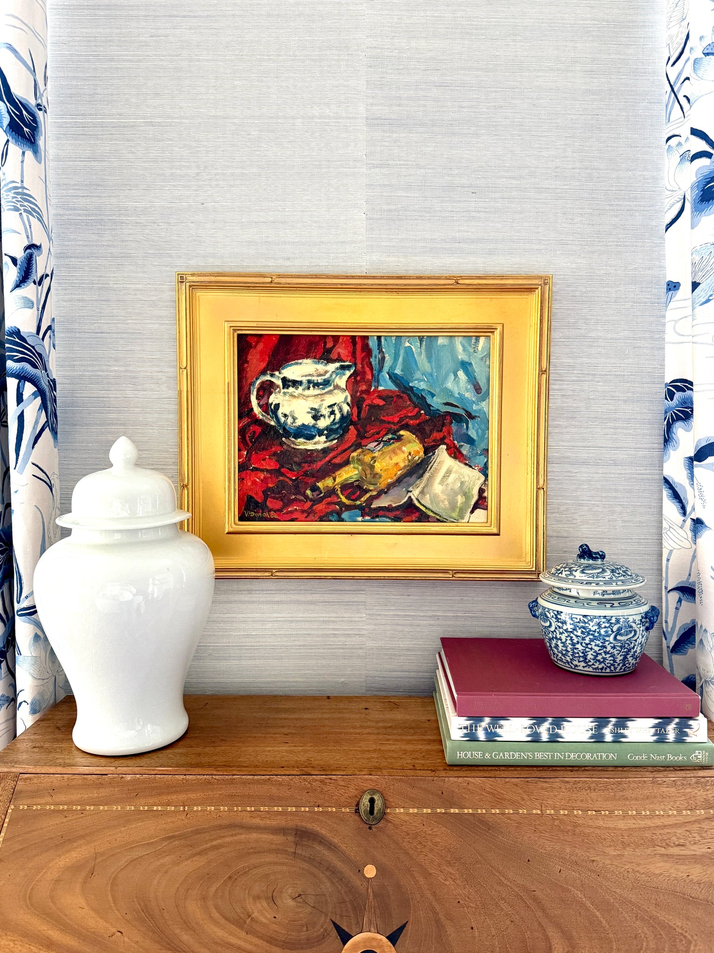 Victoria Donohue Antique Pitcher Blue White Still Life Oil Painting in Gold Frame