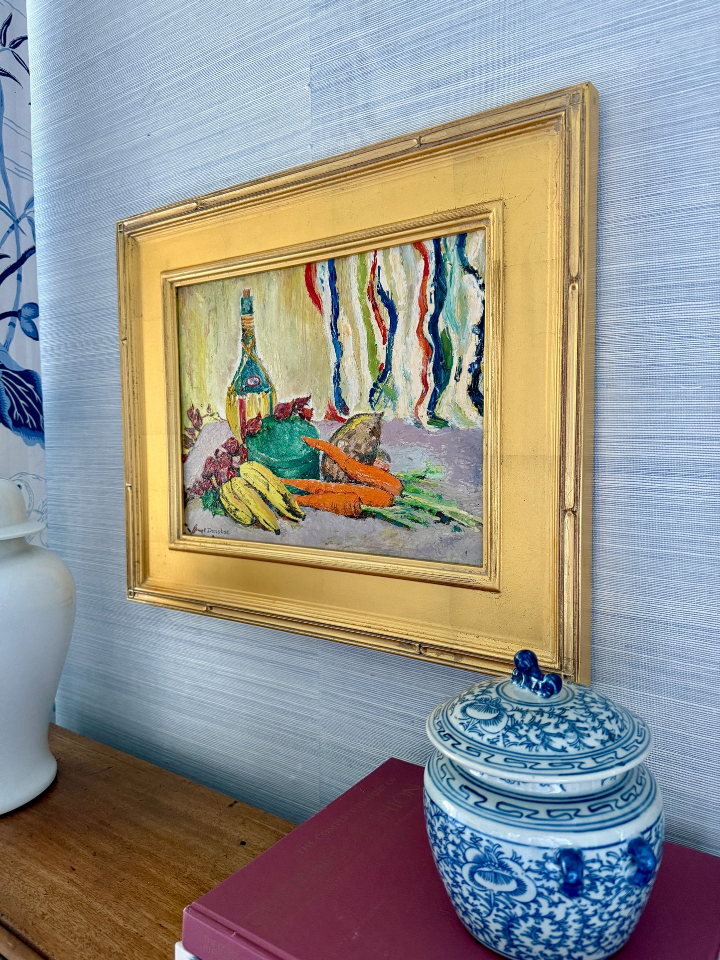 Victoria Donohue Chianti and Carrots Still Life Oil Painting in Gold Frame