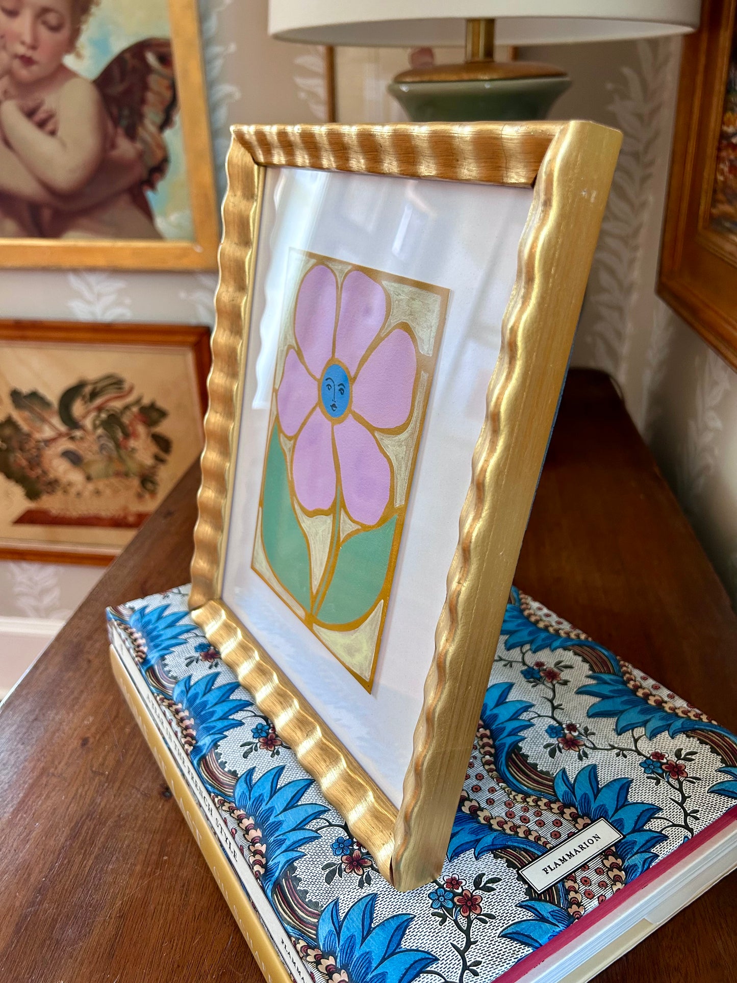 Rebecca Adler Lady in Bloom I Painting in Wavy Gold Frame