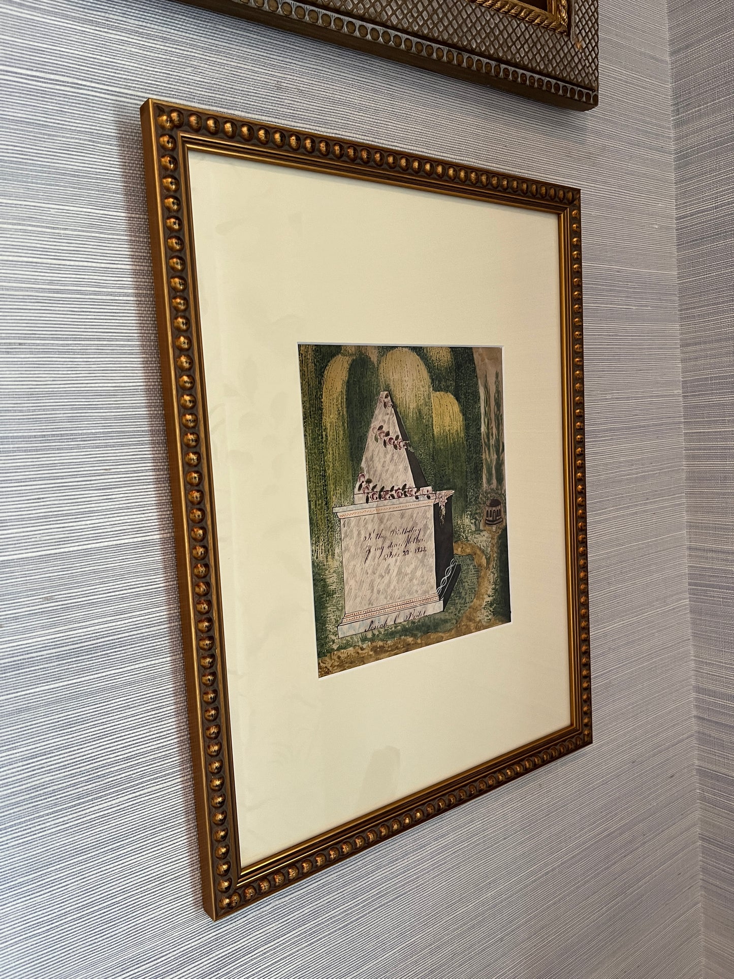 19th Century American Mourning Memorial Watercolor Painting in Gold Frame