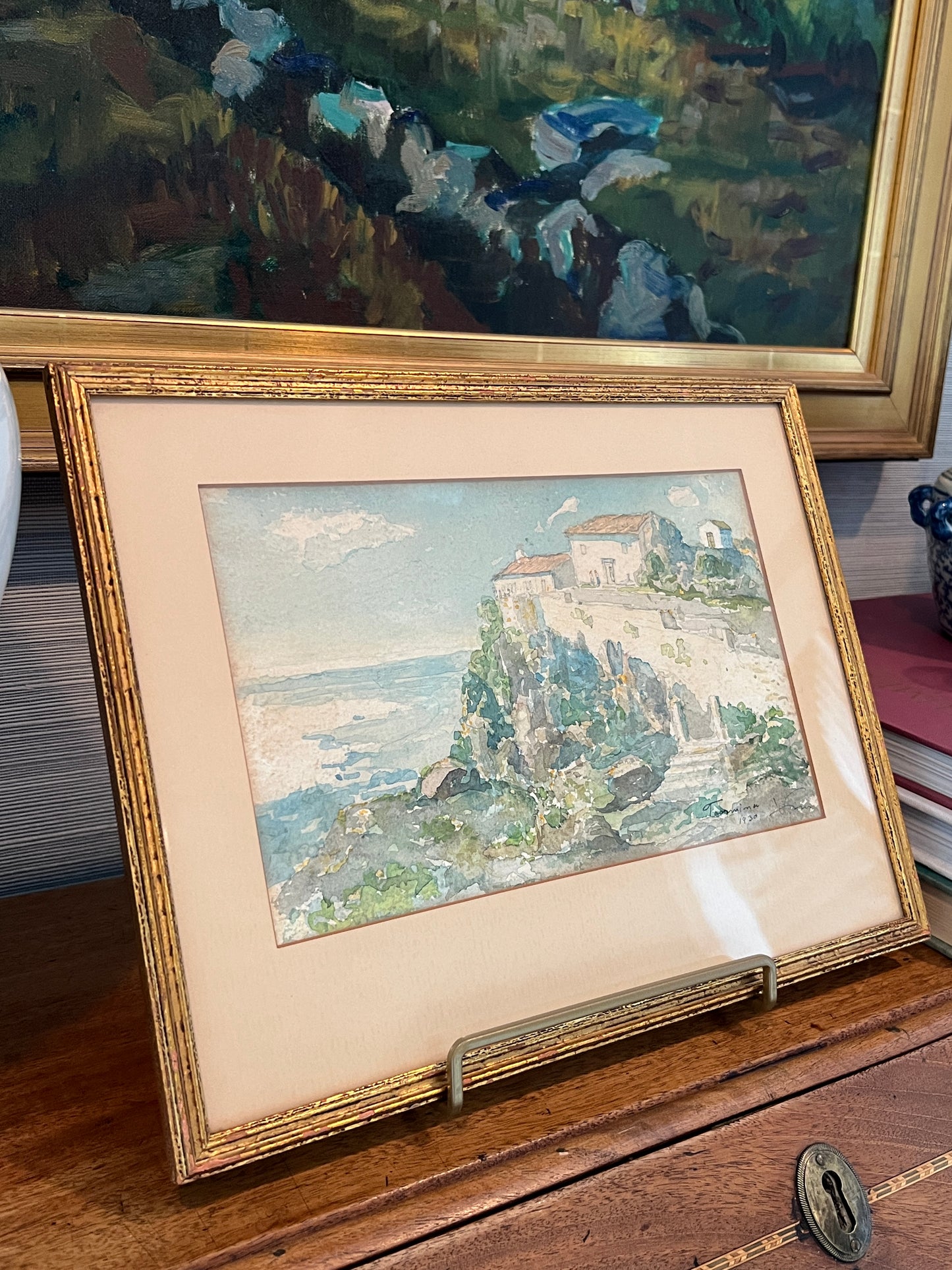 1930 Italian Coastal Landscape Watercolor Painting in Gold Frame