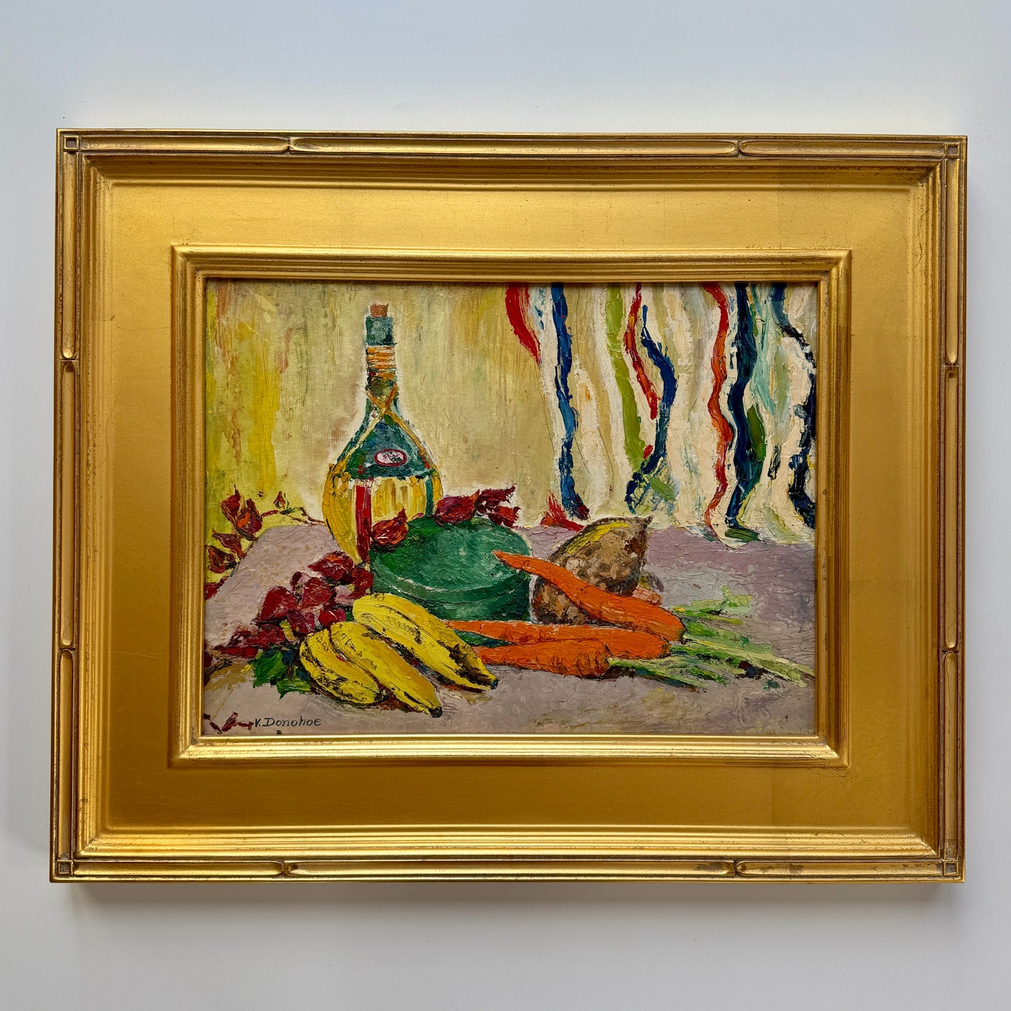 Victoria Donohue Chianti and Carrots Still Life Oil Painting in Gold Frame