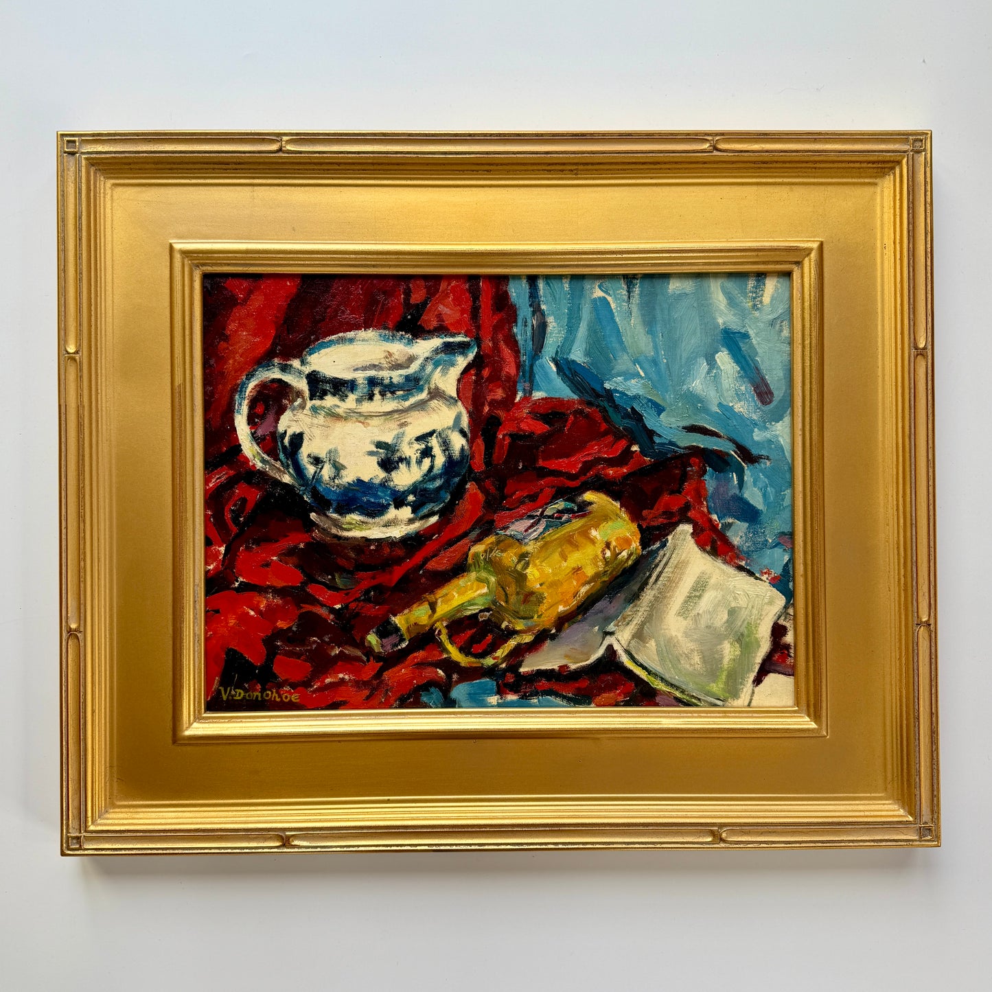 Victoria Donohue Antique Pitcher Blue White Still Life Oil Painting in Gold Frame