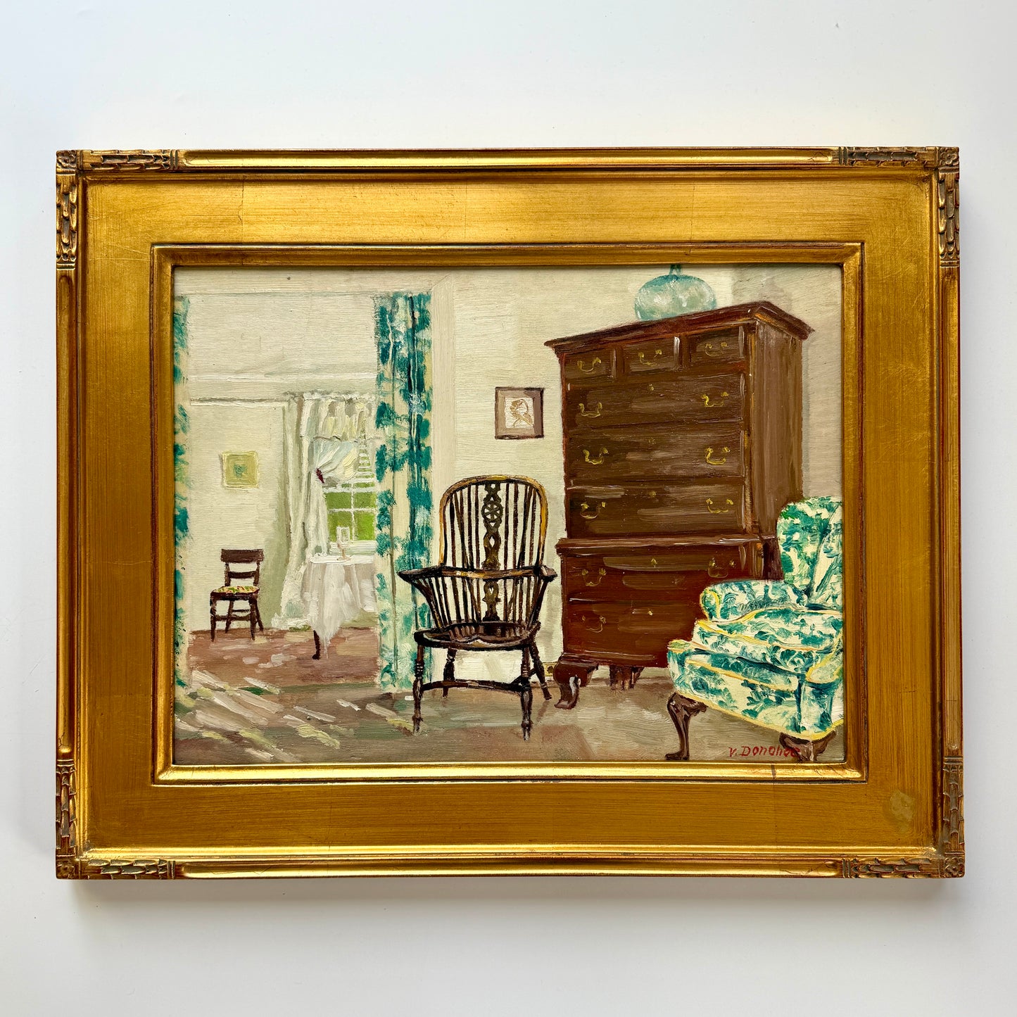 Victoria Donohue Antique Highboy Traditional Interior Scene Oil Painting in Gold Frame