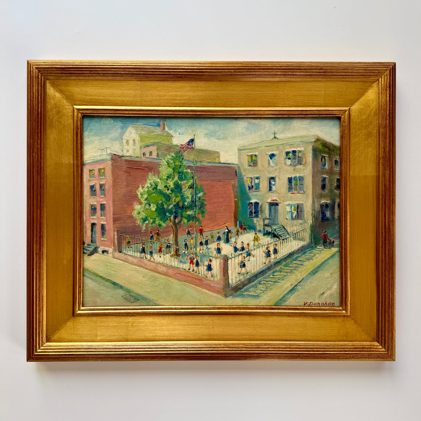 Victoria Donohue Recess Nuns in the School Yard Oil Painting in Gold Frame