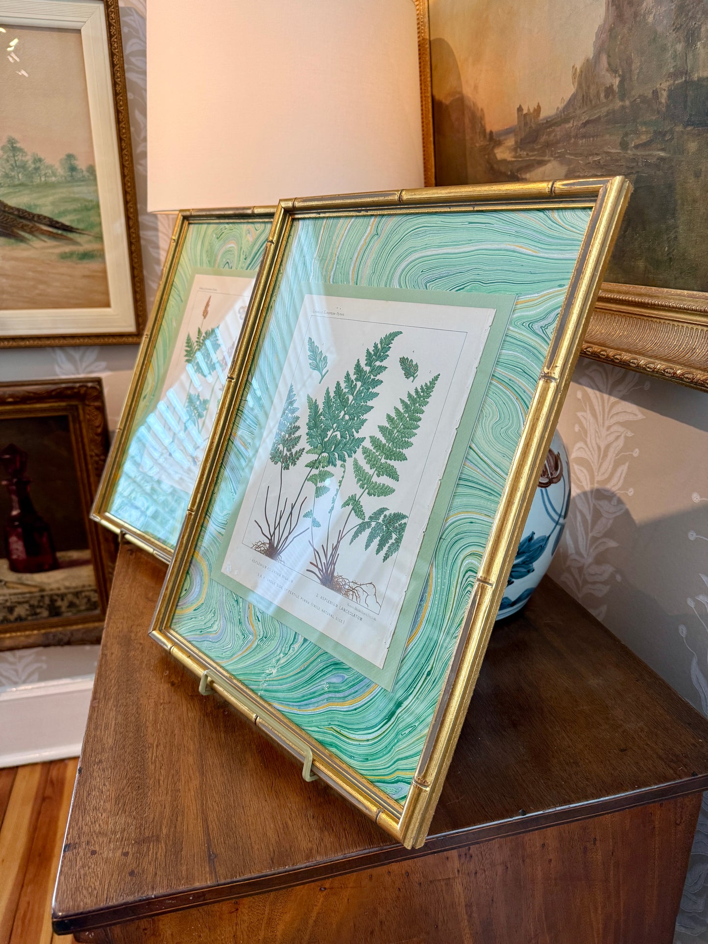 Pair of 19th Century Botanicals on Green Hand Marbled Mount in Gold Bamboo Frames