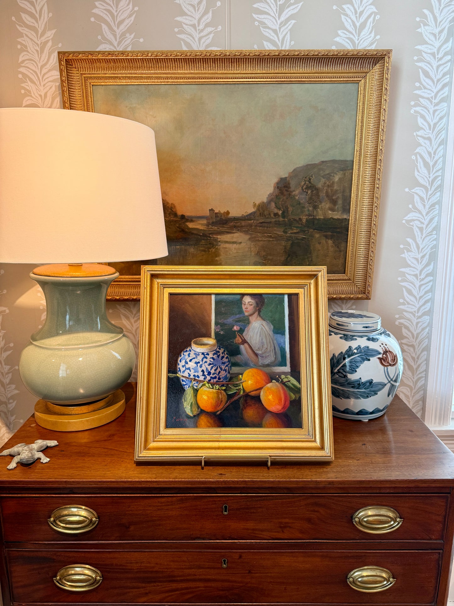 Youqing Wang Portrait, Persimmons and Chinoiserie Jar Oil Painting in Gold Frame