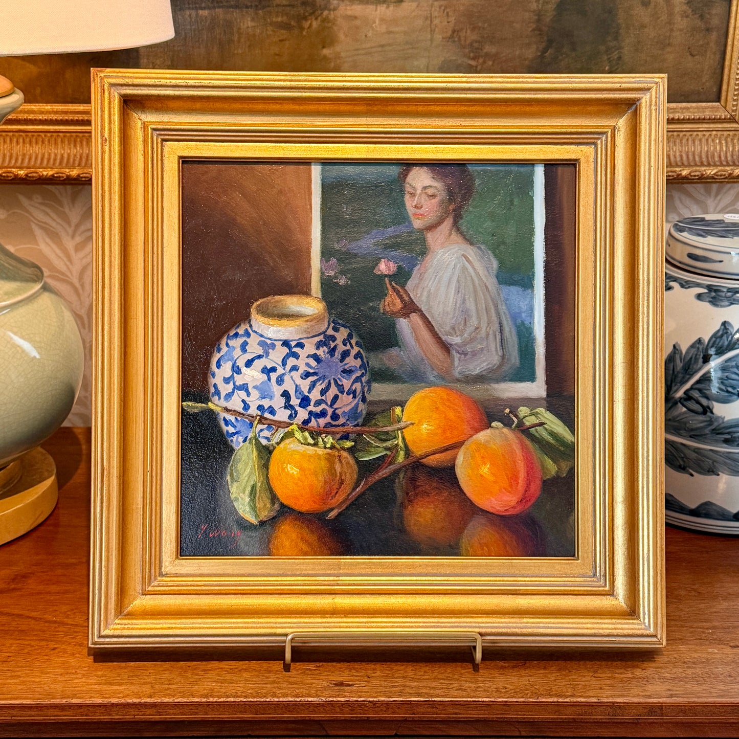 Youqing Wang Portrait, Persimmons and Chinoiserie Jar Oil Painting in Gold Frame