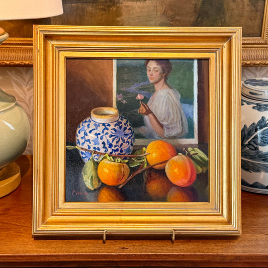 Youqing Wang Portrait, Persimmons and Chinoiserie Jar Oil Painting in Gold Frame