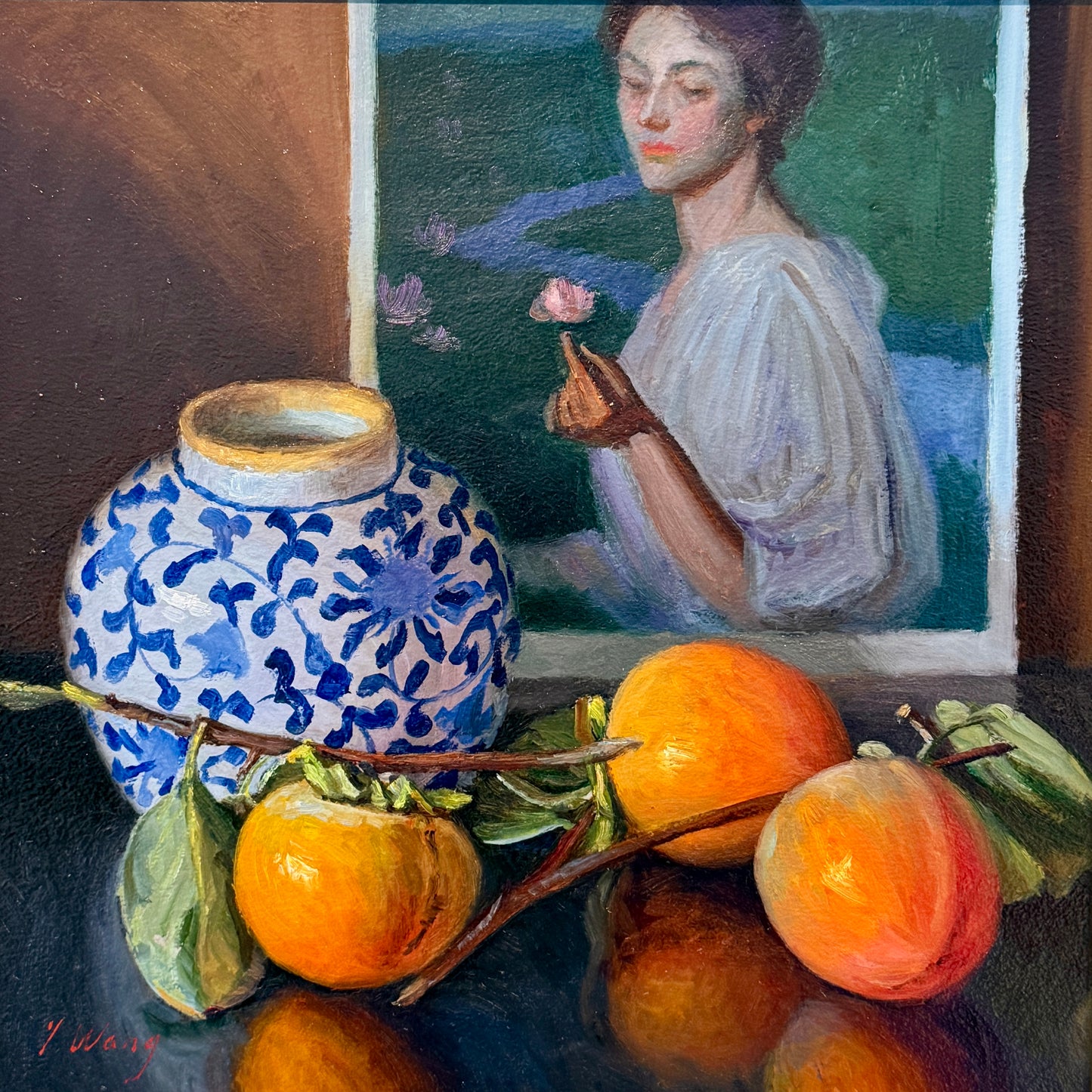 Youqing Wang Portrait, Persimmons and Chinoiserie Jar Oil Painting in Gold Frame