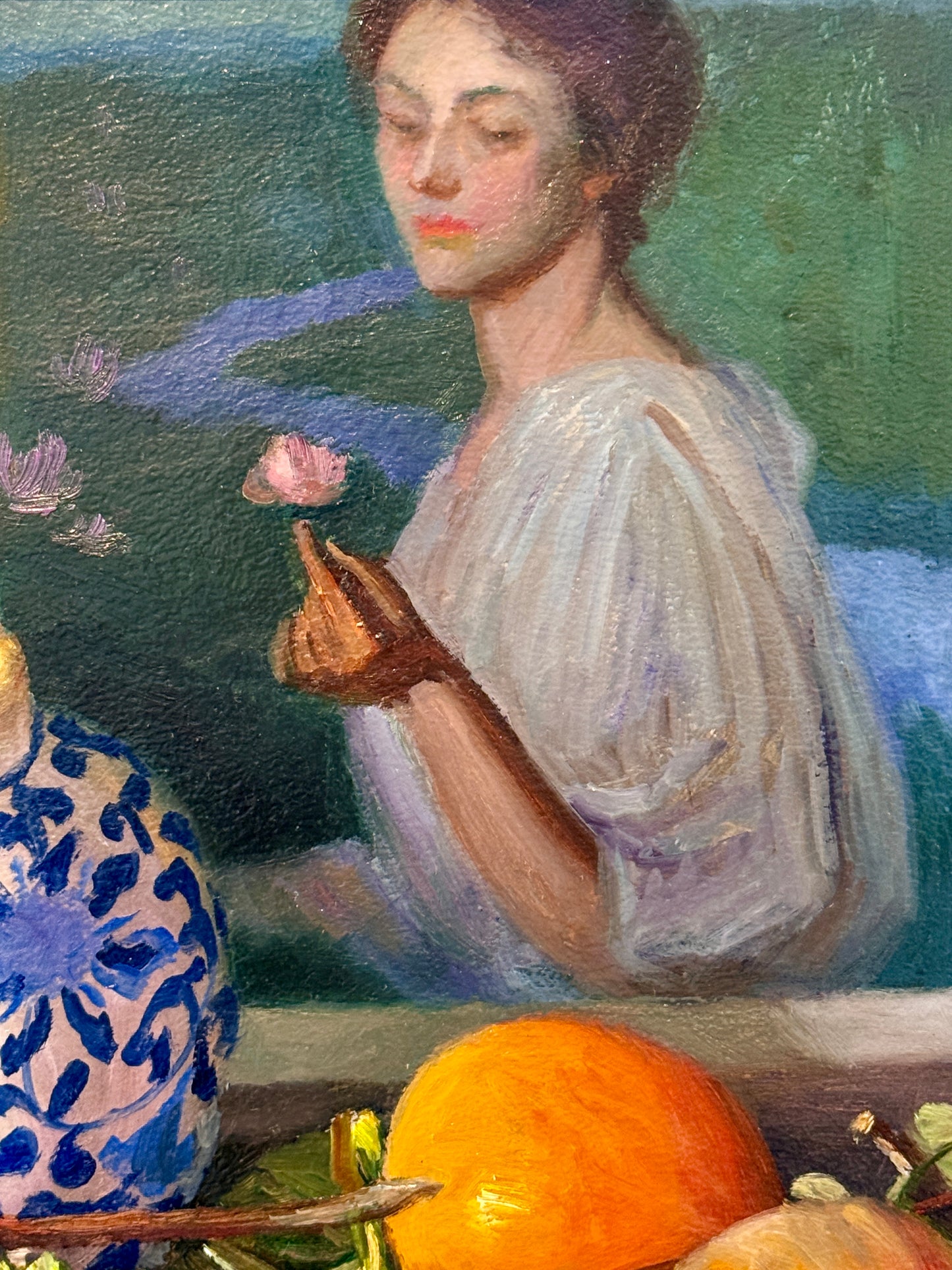 Youqing Wang Portrait, Persimmons and Chinoiserie Jar Oil Painting in Gold Frame