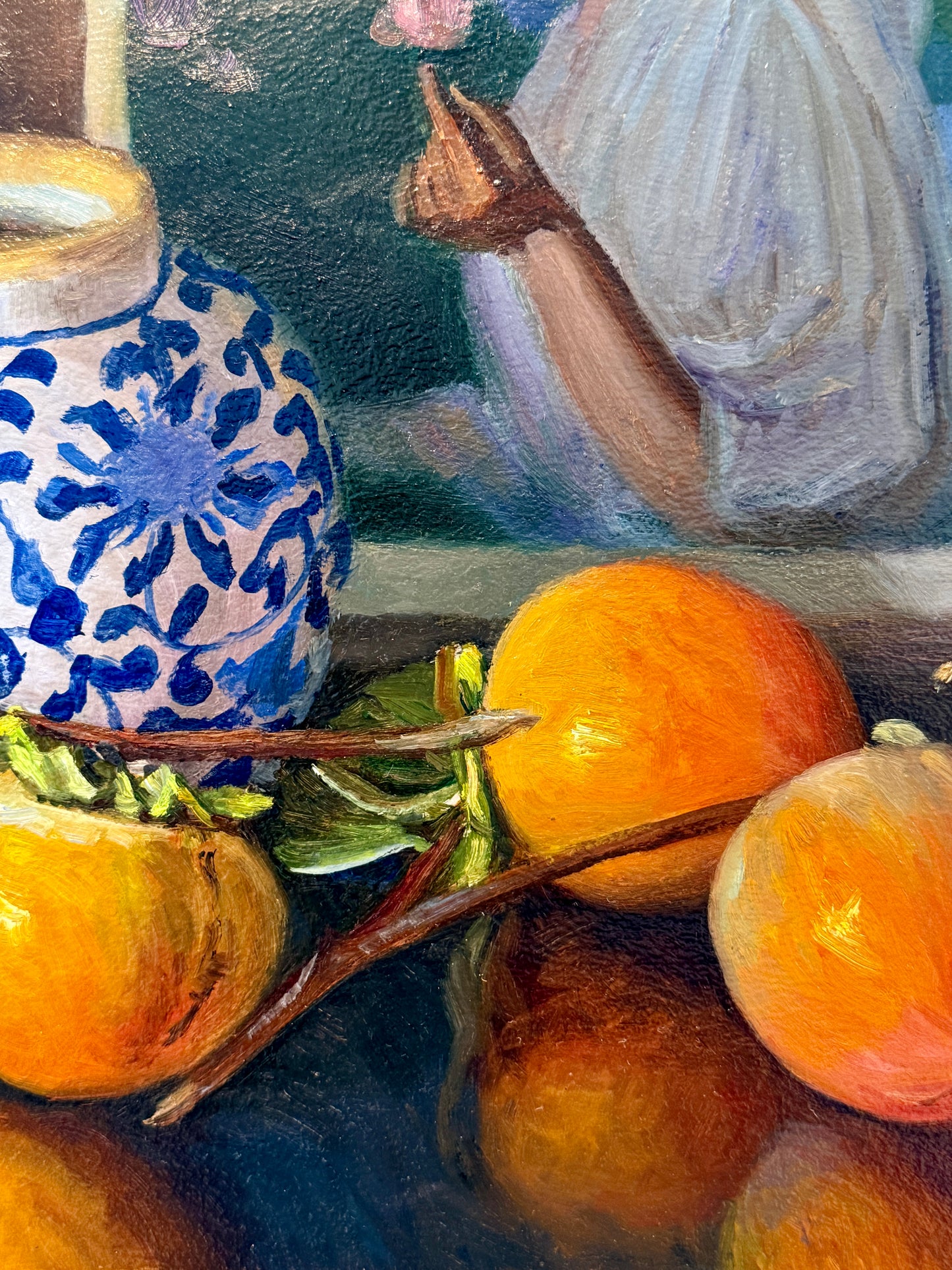 Youqing Wang Portrait, Persimmons and Chinoiserie Jar Oil Painting in Gold Frame