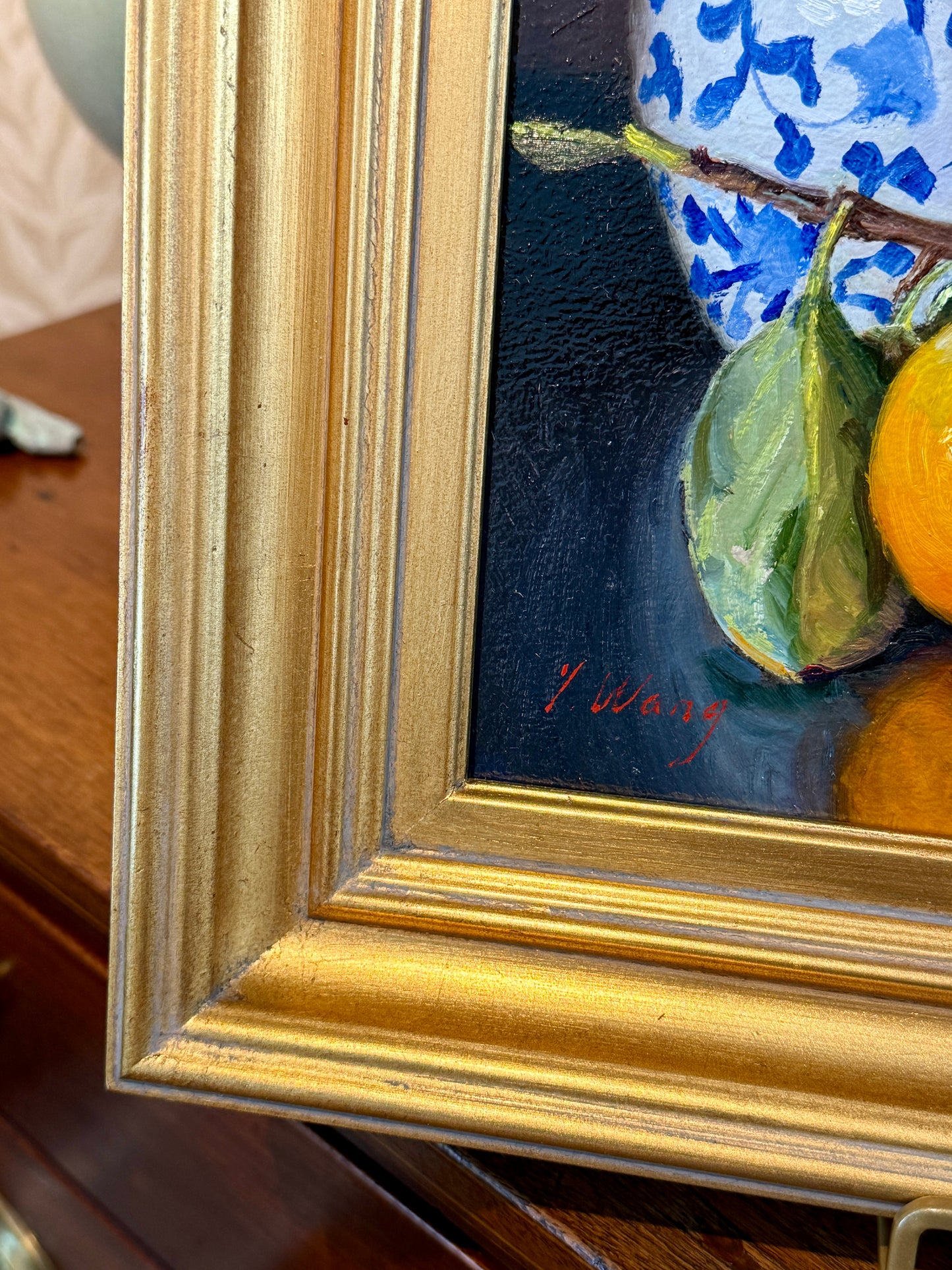 Youqing Wang Portrait, Persimmons and Chinoiserie Jar Oil Painting in Gold Frame