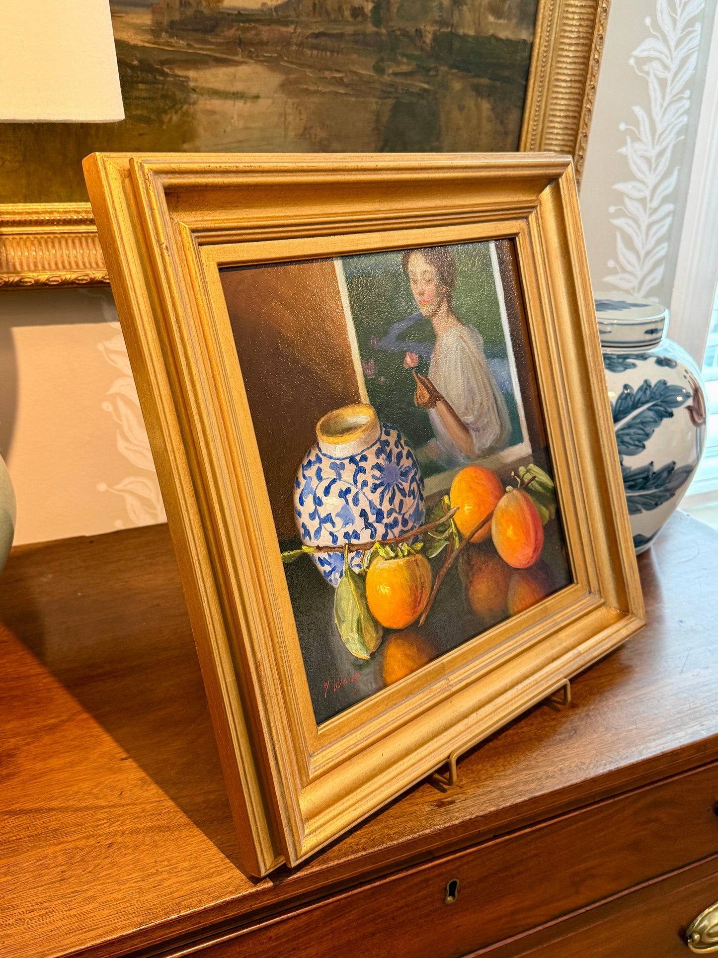 Youqing Wang Portrait, Persimmons and Chinoiserie Jar Oil Painting in Gold Frame