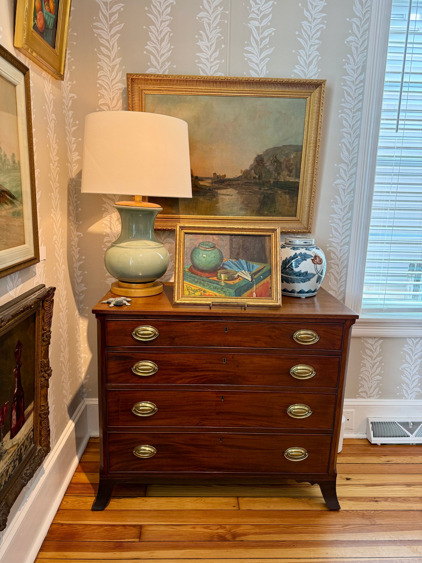 Early 20th Century Colorful Still Life Emerald Green Jar and Blue Fan Oil Painting in Gold Frame