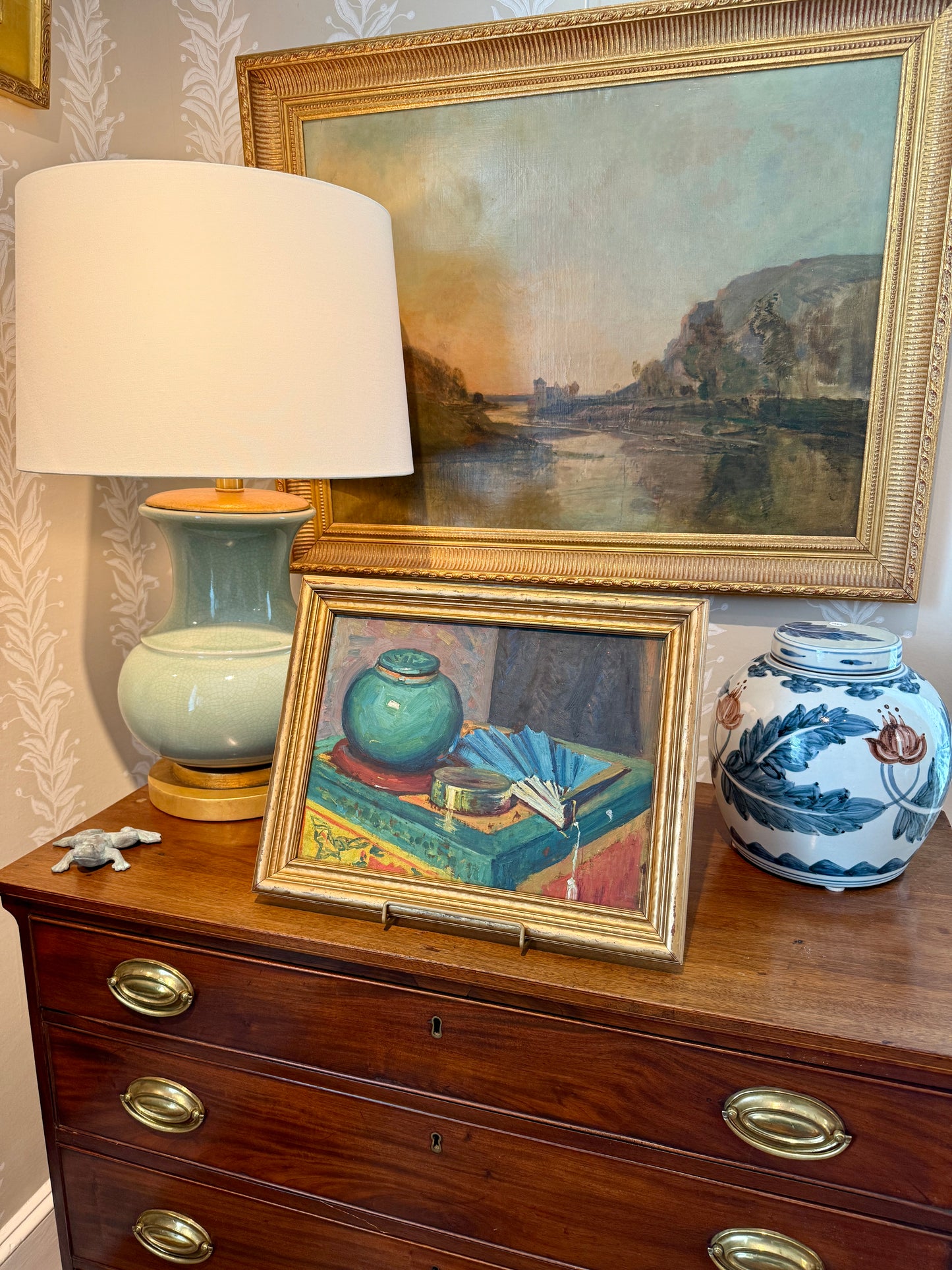Early 20th Century Colorful Still Life Emerald Green Jar and Blue Fan Oil Painting in Gold Frame