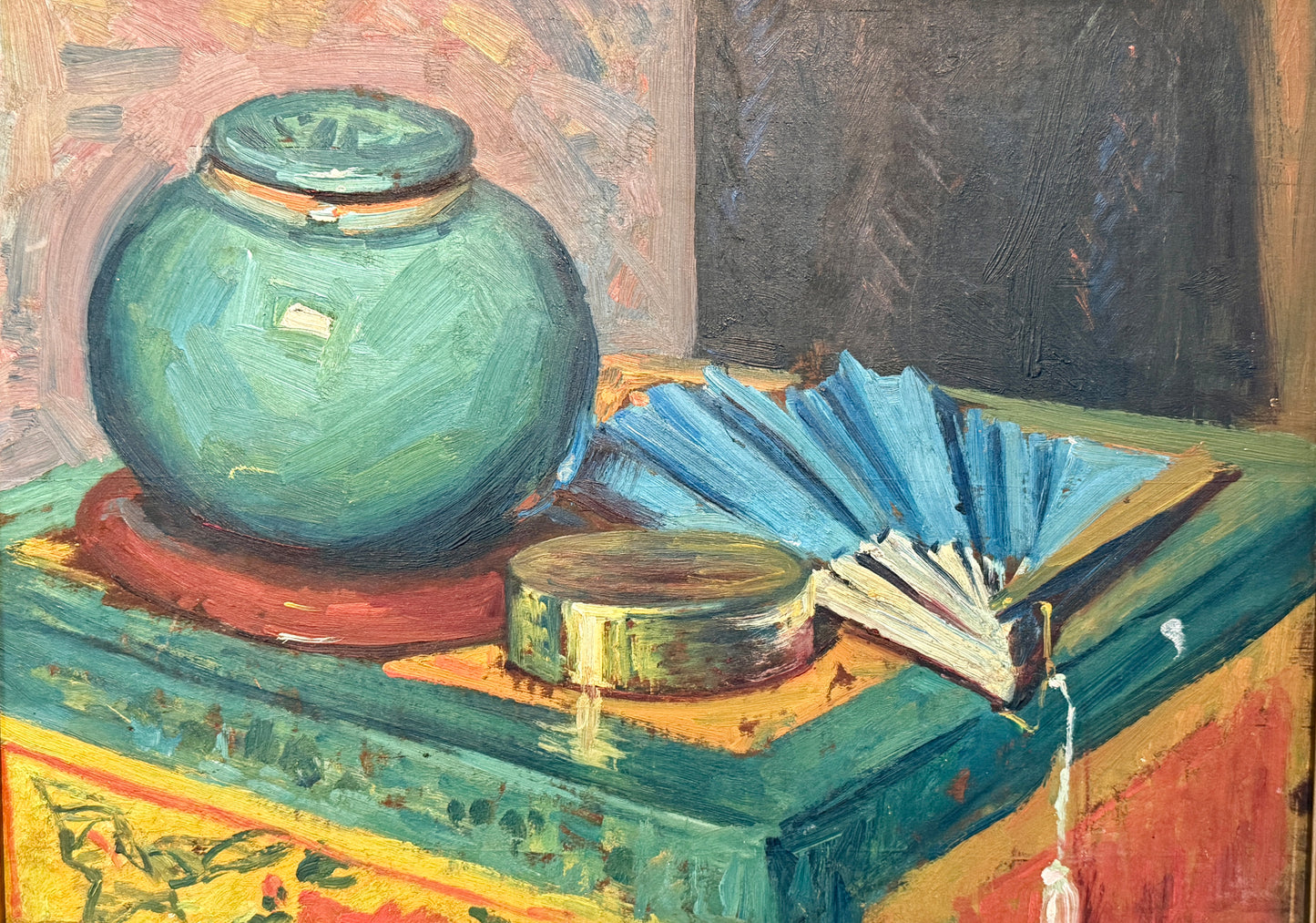 Early 20th Century Colorful Still Life Emerald Green Jar and Blue Fan Oil Painting in Gold Frame