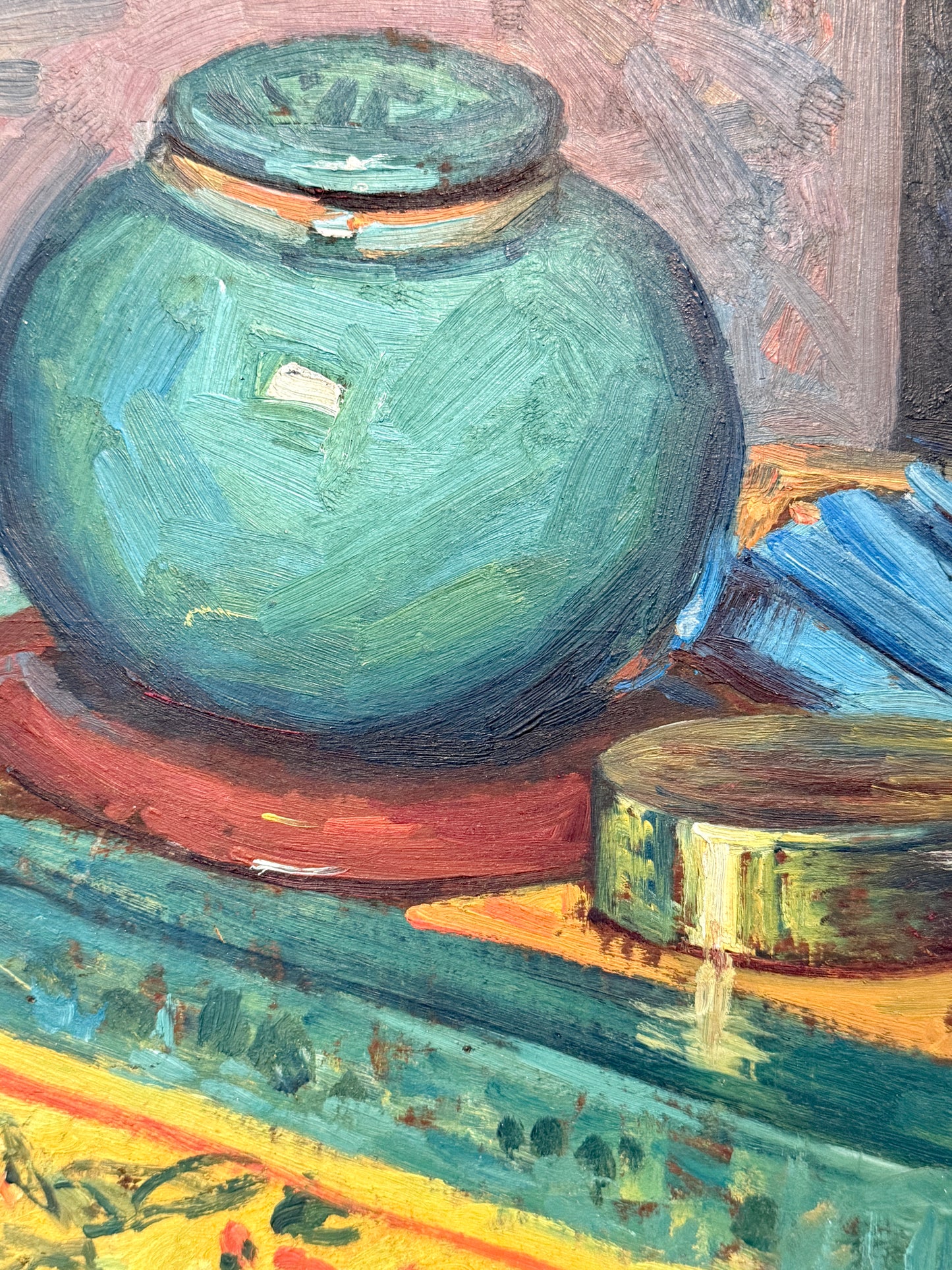 Early 20th Century Colorful Still Life Emerald Green Jar and Blue Fan Oil Painting in Gold Frame