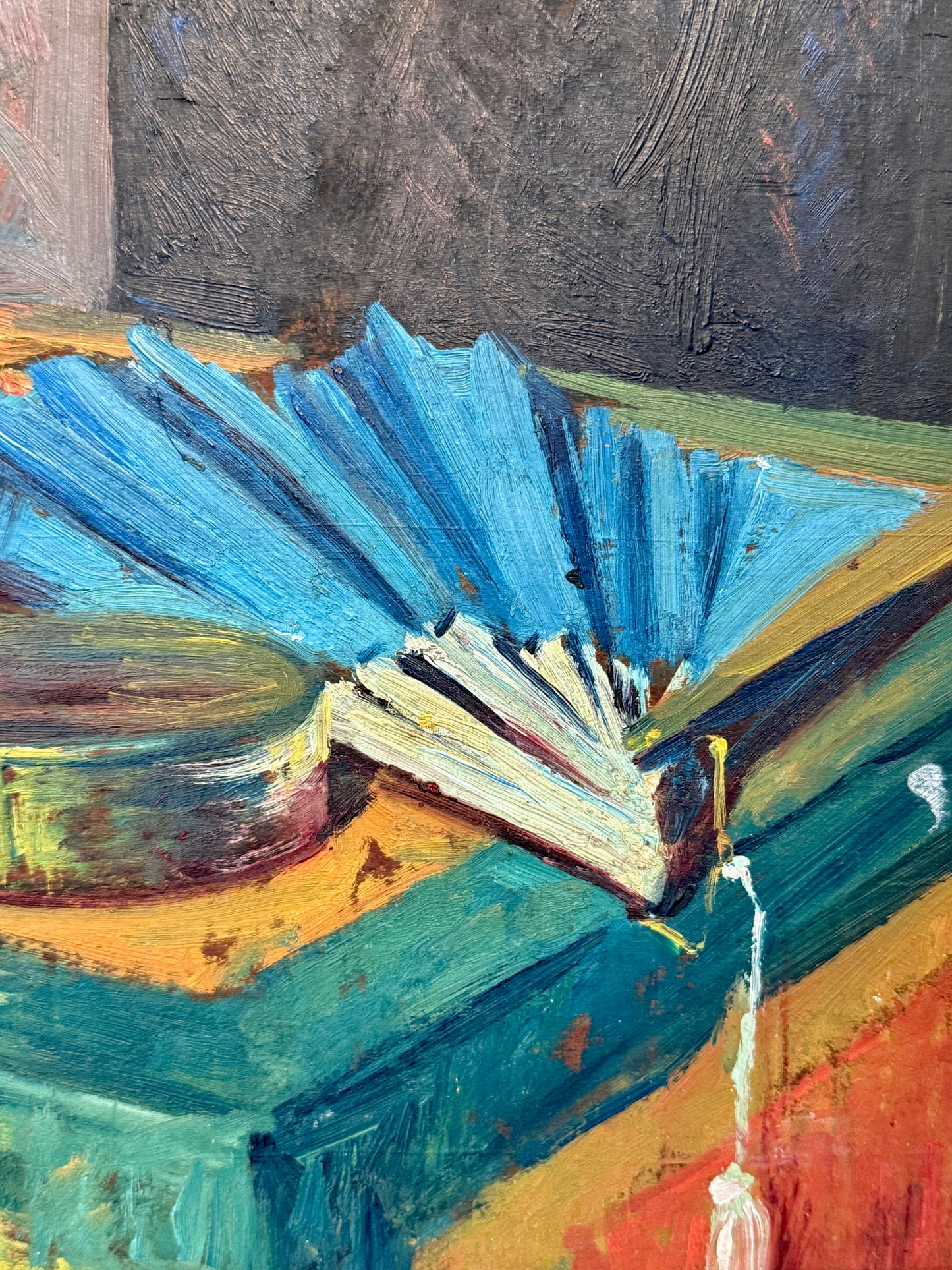 Early 20th Century Colorful Still Life Emerald Green Jar and Blue Fan Oil Painting in Gold Frame