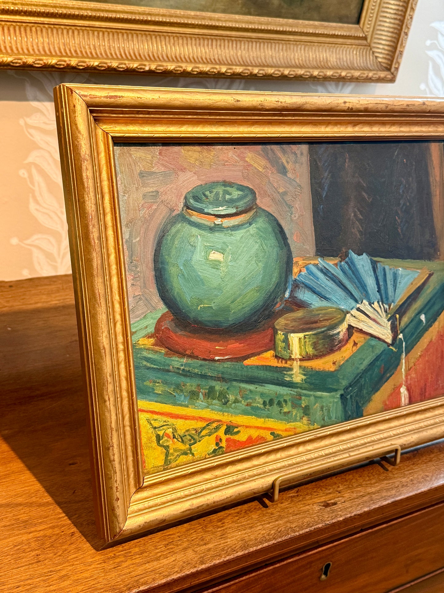 Early 20th Century Colorful Still Life Emerald Green Jar and Blue Fan Oil Painting in Gold Frame