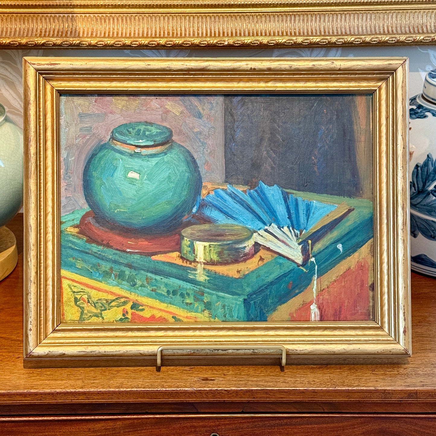 Early 20th Century Colorful Still Life Emerald Green Jar and Blue Fan Oil Painting in Gold Frame