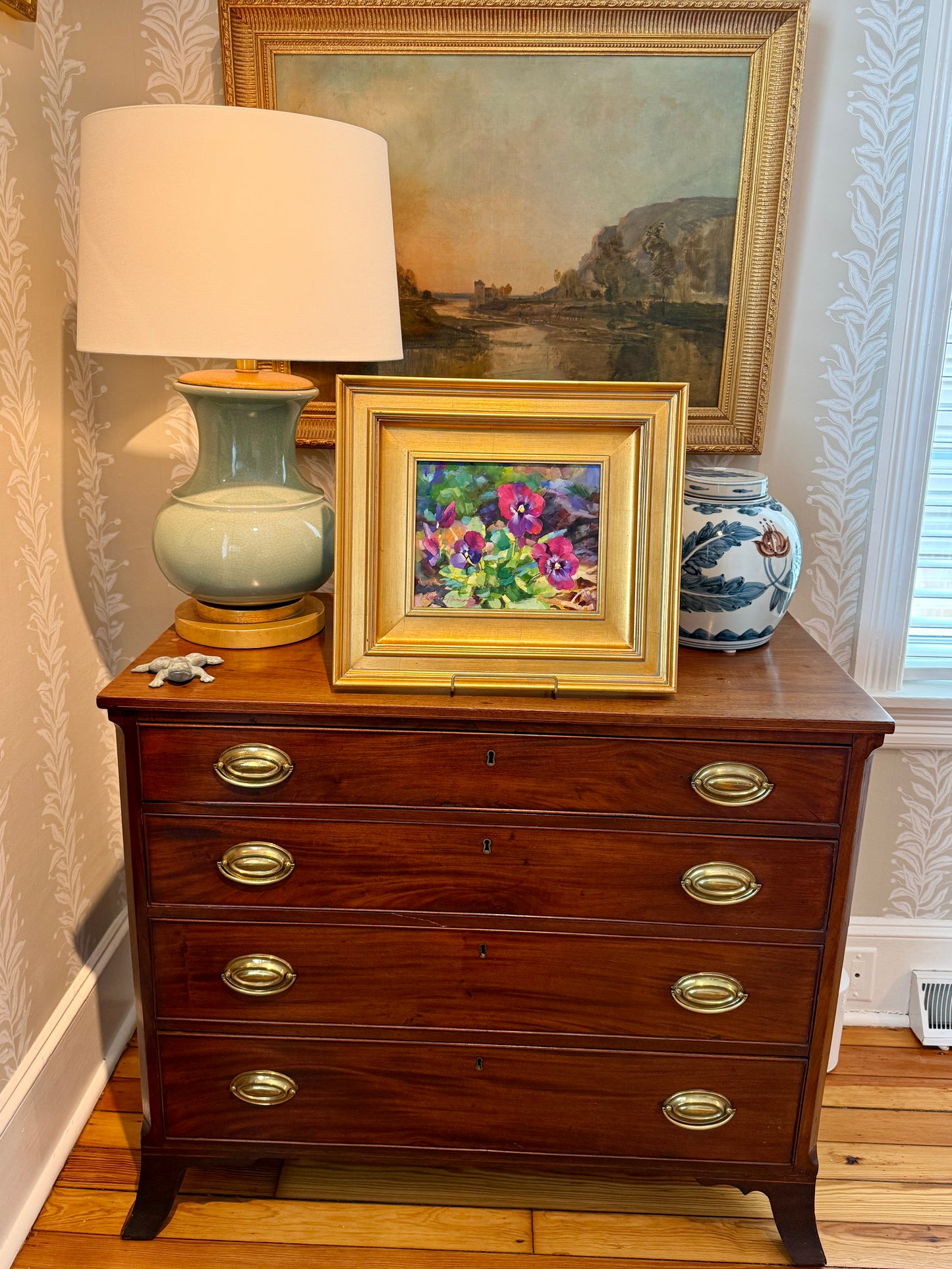 Diane Flanagan Along the Path Purple Pansies Oil Painting in Gold Frame