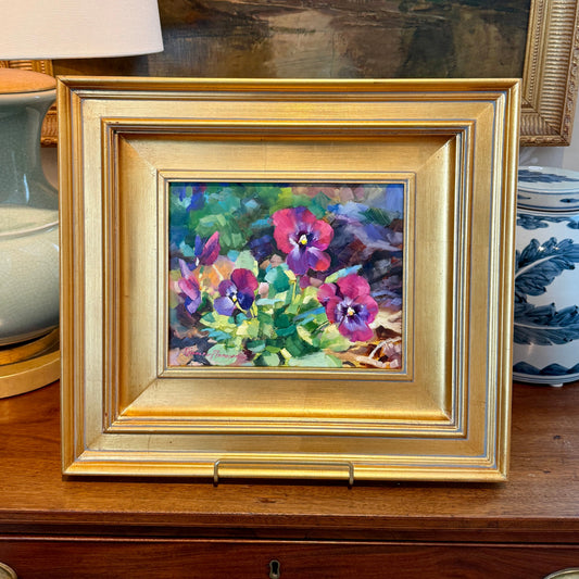 Diane Flanagan Along the Path Purple Pansies Oil Painting in Gold Frame