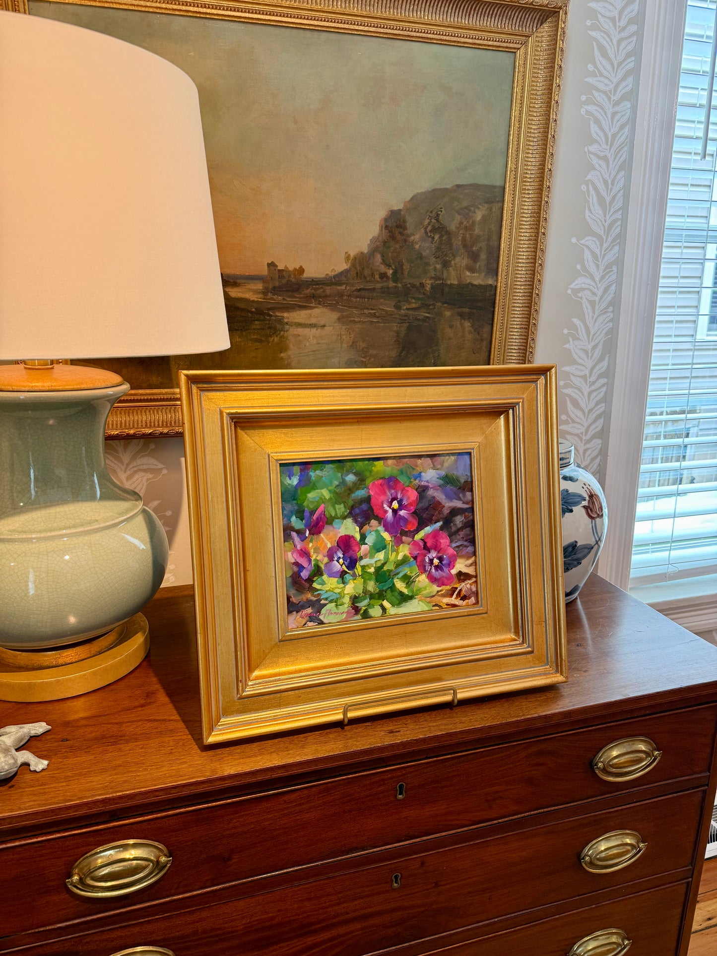Diane Flanagan Along the Path Purple Pansies Oil Painting in Gold Frame