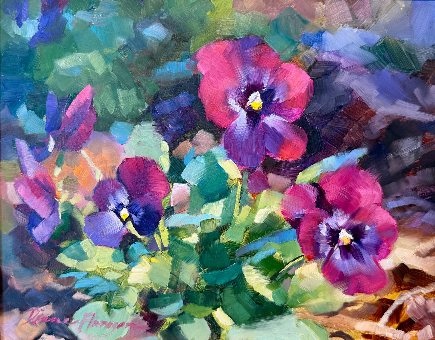 Diane Flanagan Along the Path Purple Pansies Oil Painting in Gold Frame