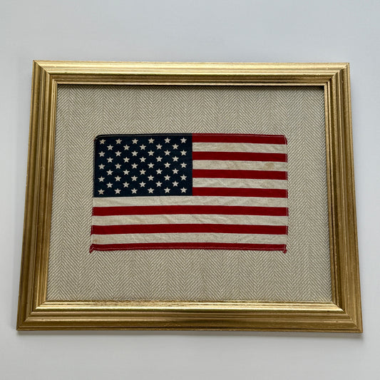 Vintage 50 Star American Parade Flag on Tan Herringbone Fabric in Gold Frame
